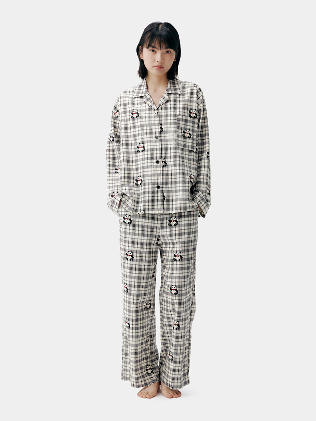 "Panda PomPom" Tencel Cotton Blend Loungewear Set – Black Grid