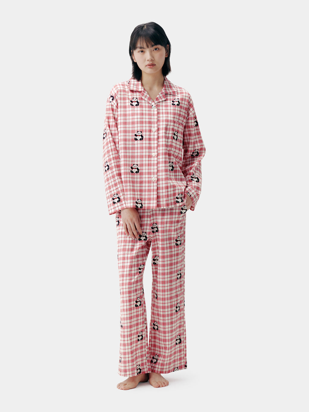 "Panda PomPom" Tencel Cotton Blend Loungewear Set – Red Grid