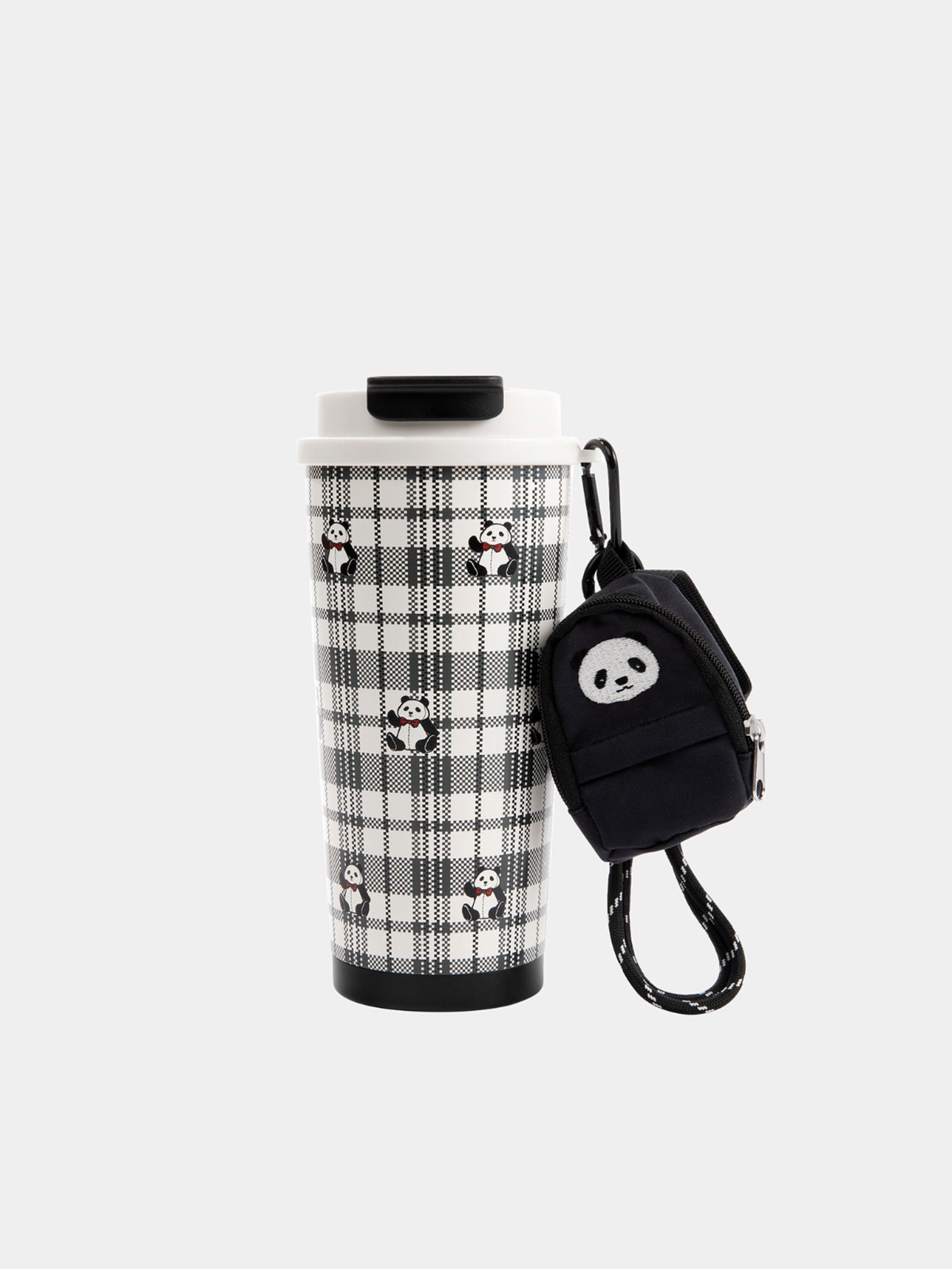 "Panda PomPom" stainless steel travel tumbler (with mini bag） Black Grid