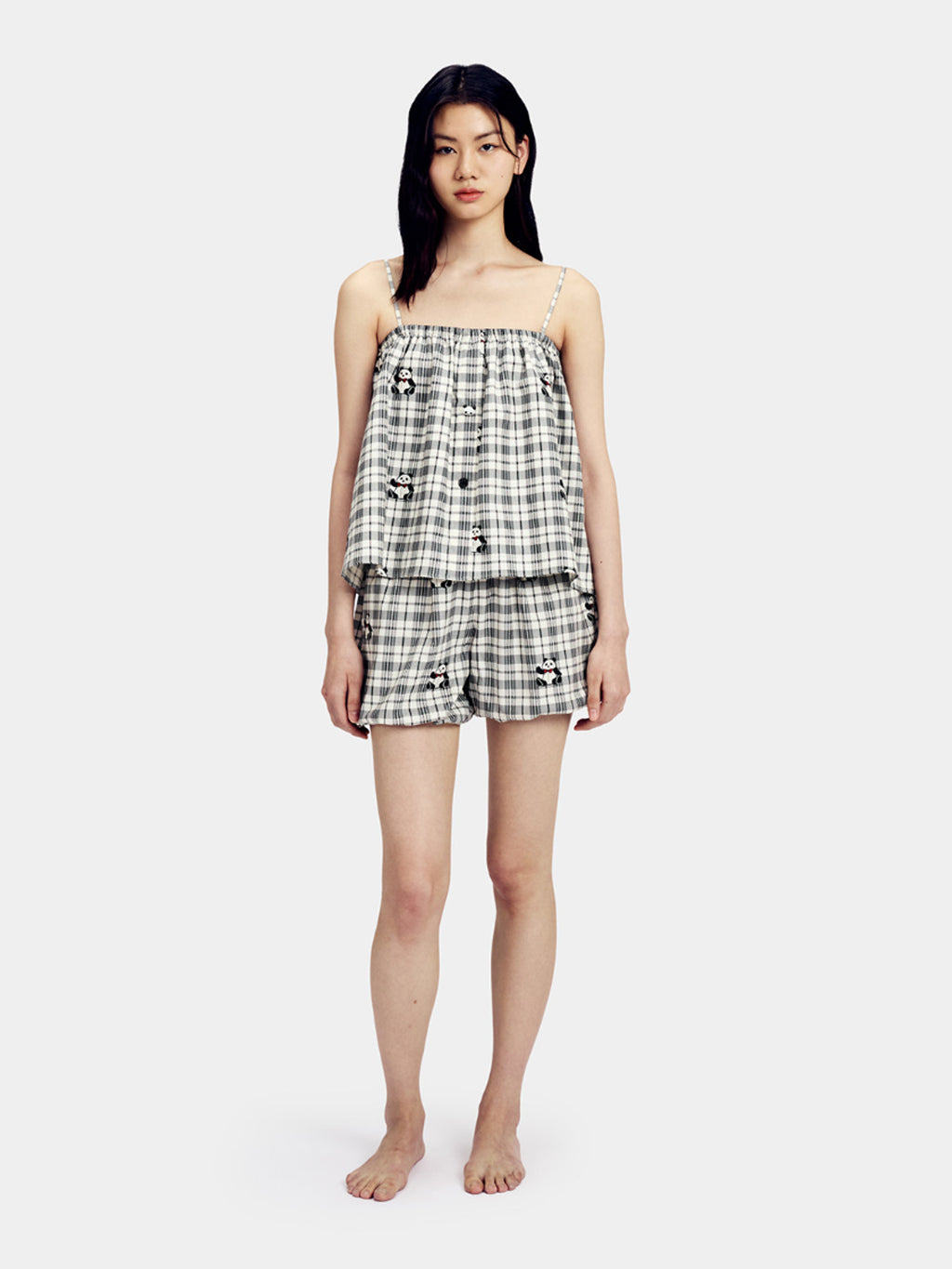 "Panda PomPom" Tencel Cotton Blend Spaghetti Strap Top & Shorts Pajama Set – Black Grid