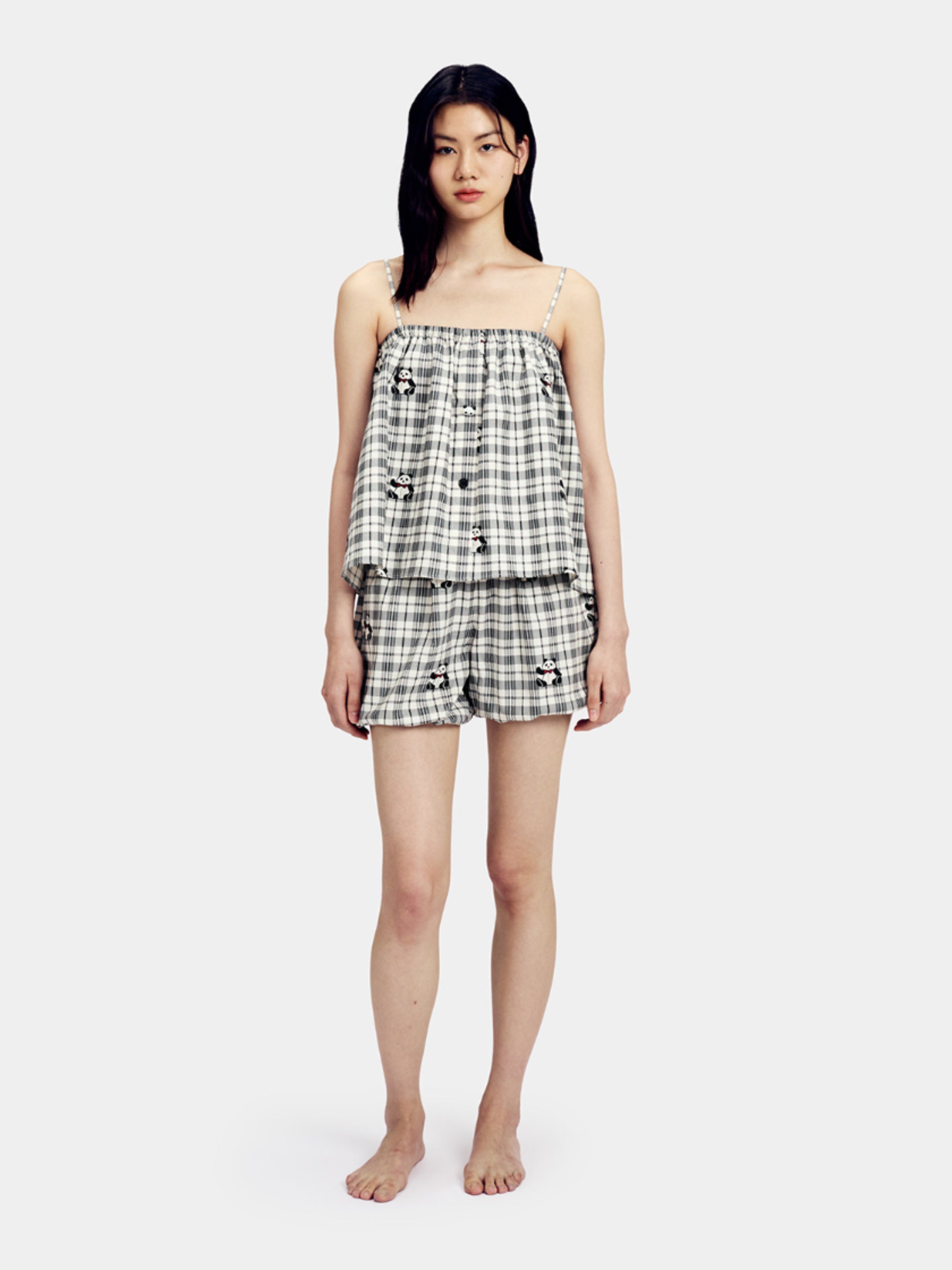 "Panda PomPom" Tencel Cotton Blend Spaghetti Strap Top and Shorts Pajama Set Black Grid