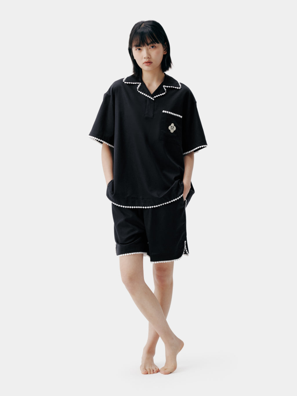"Panda PomPom" Tencel Cotton Blend Camp Collar Short Sleeve Loungewear Set – Black