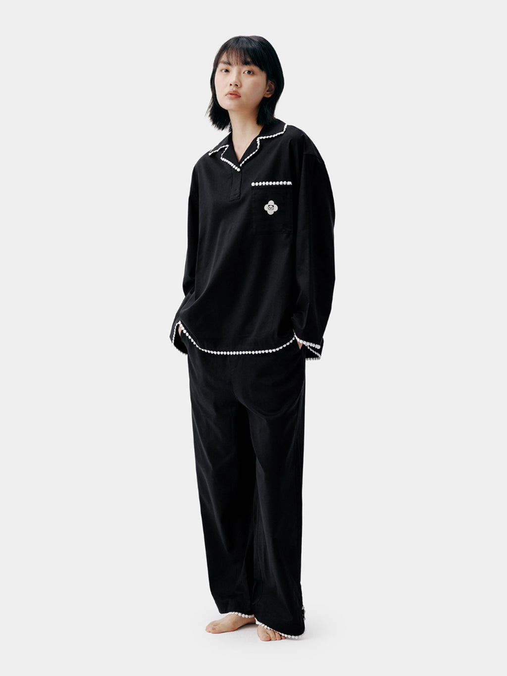 "Panda PomPom" Tencel Cotton Blend Camp Collar Loungewear Set – Black