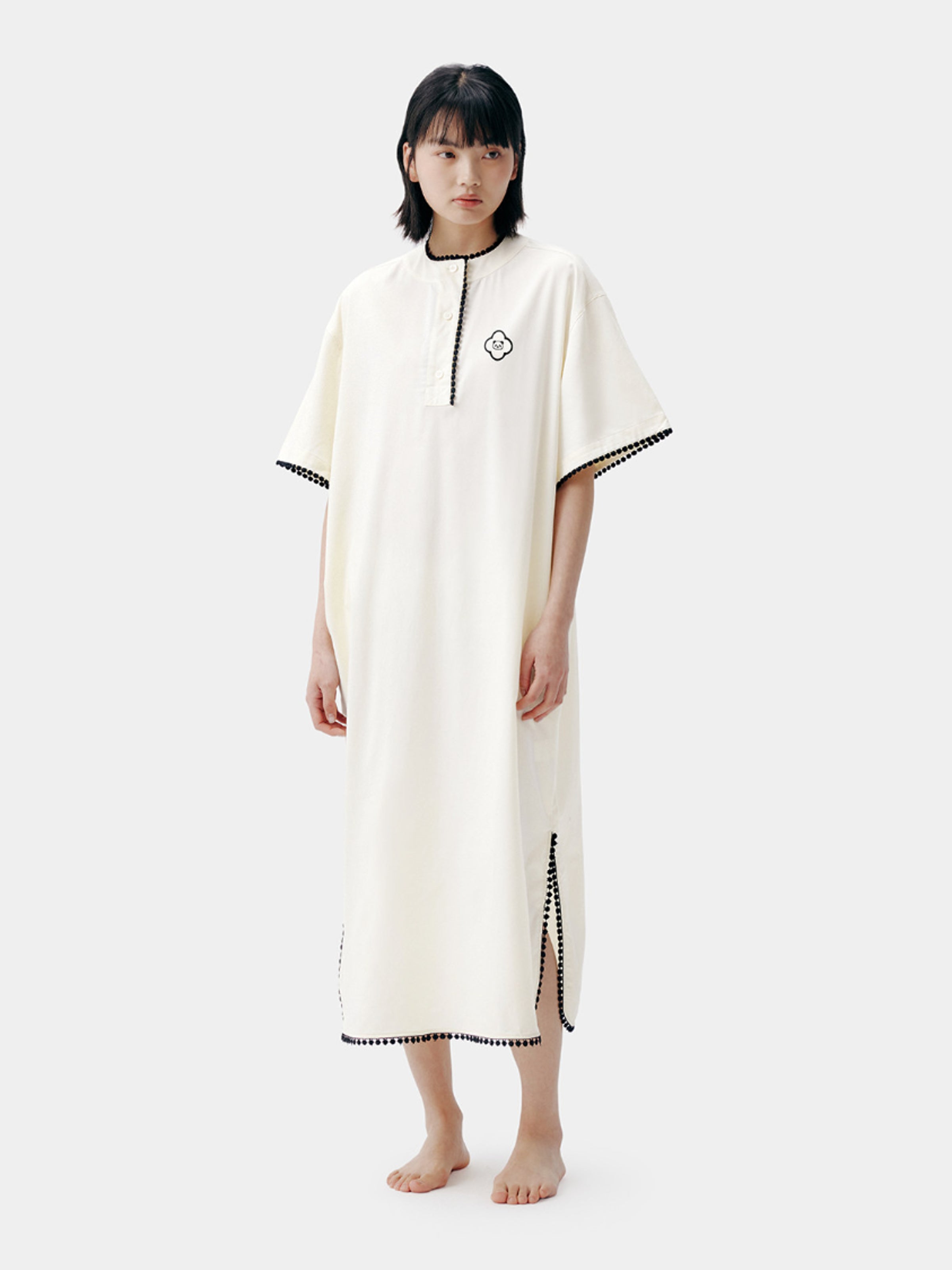 "Panda PomPom" Tencel Cotton Blend Crew Neck Short Sleeve Nightgown Cream White