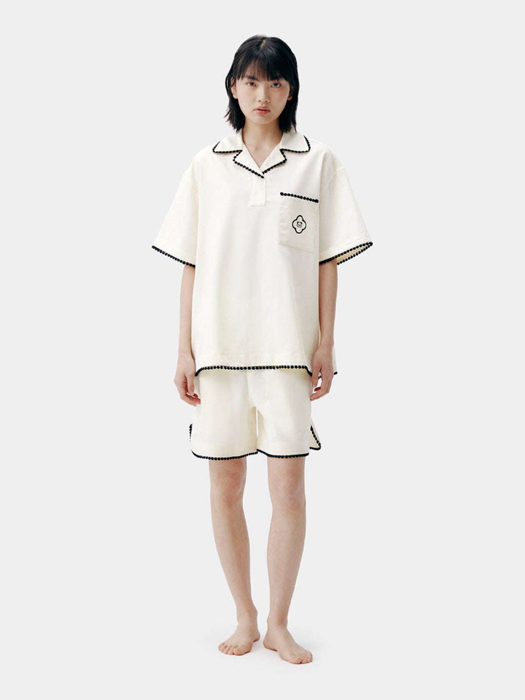 "Panda PomPom" Tencel Cotton Blend Camp Collar Short Sleeve Loungewear Set – Cream White