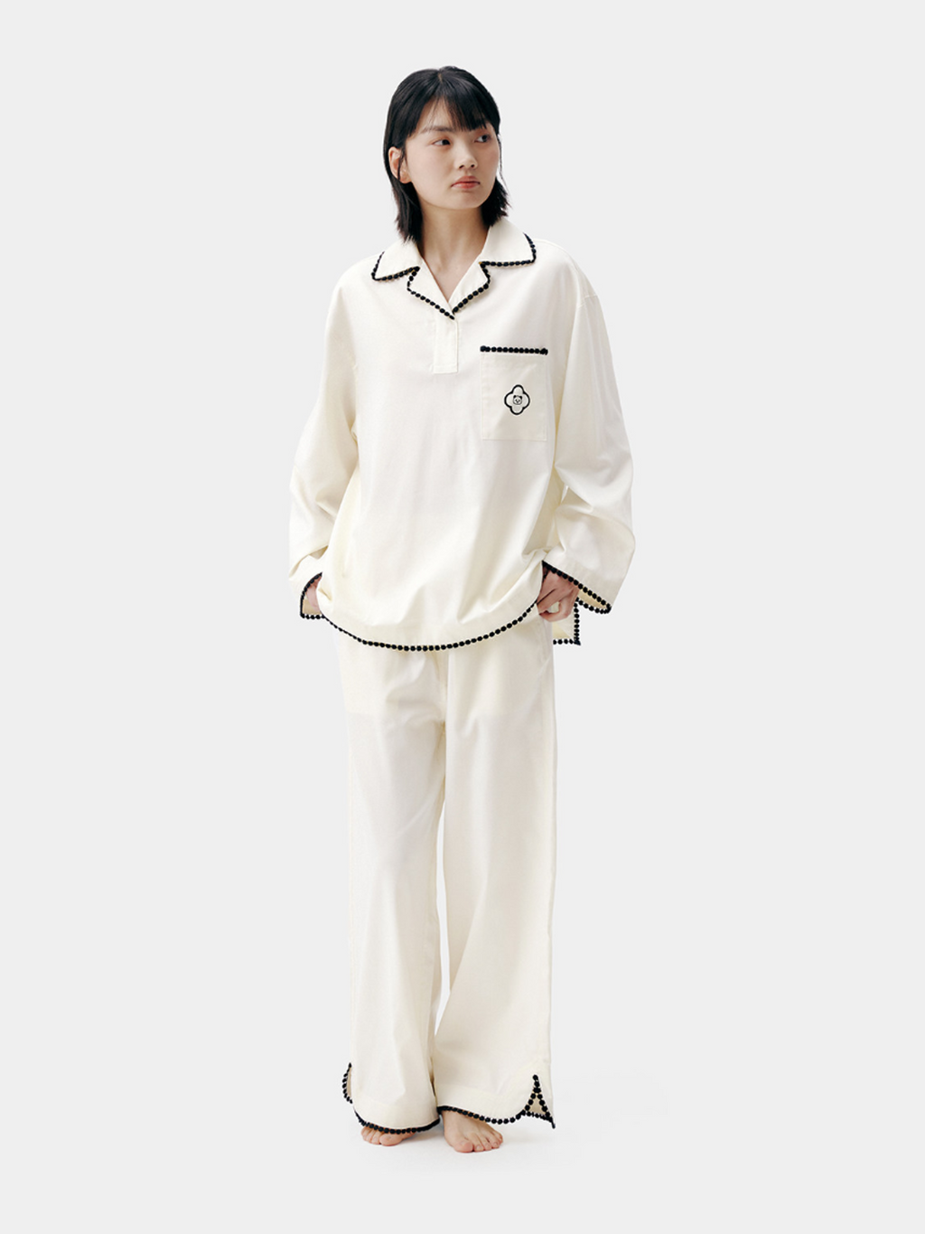 "Panda PomPom" Tencel Cotton Blend Camp Collar Loungewear Set – Cream White