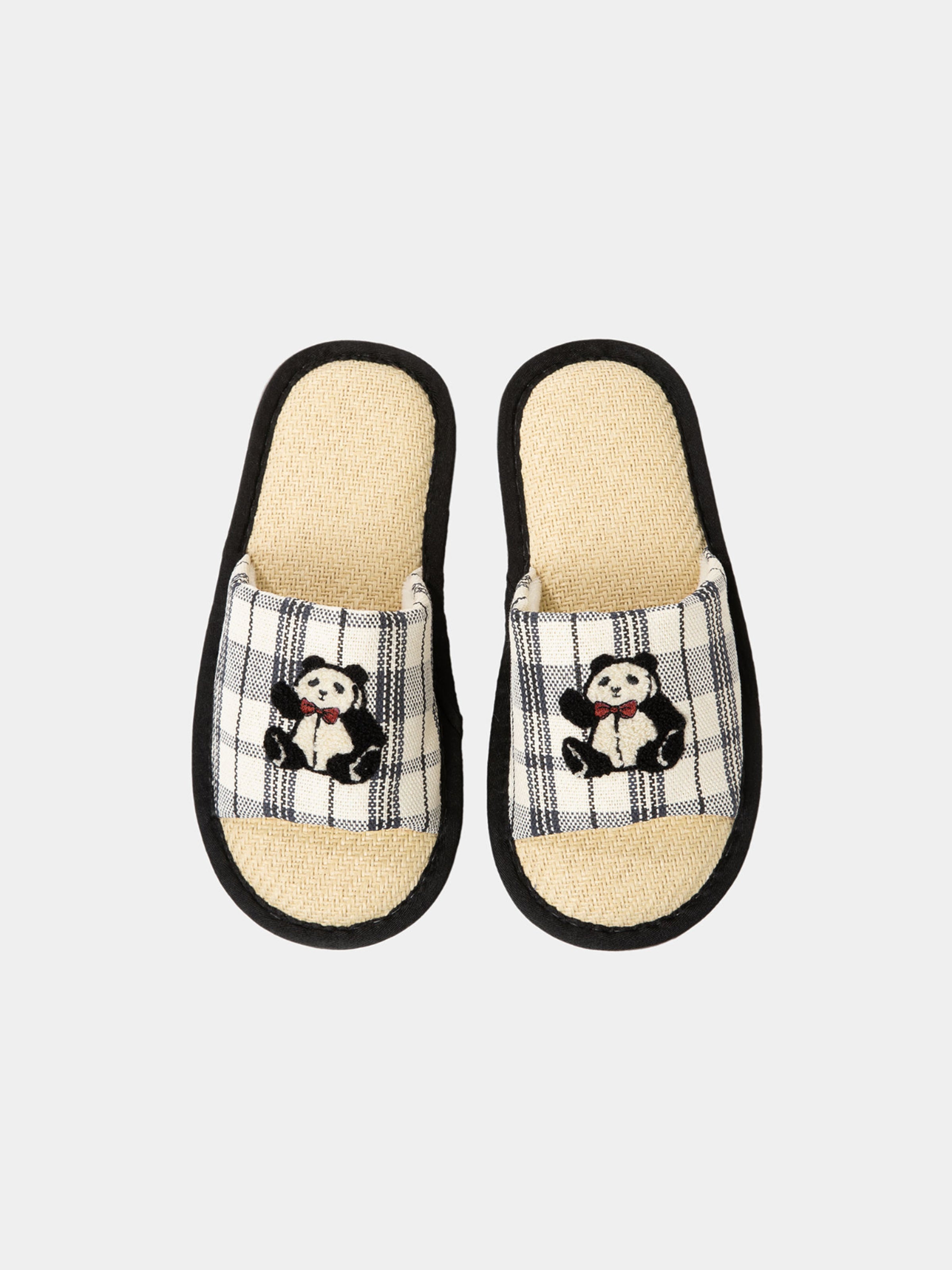 “Panda PomPom”Woven Slippers Black Grid