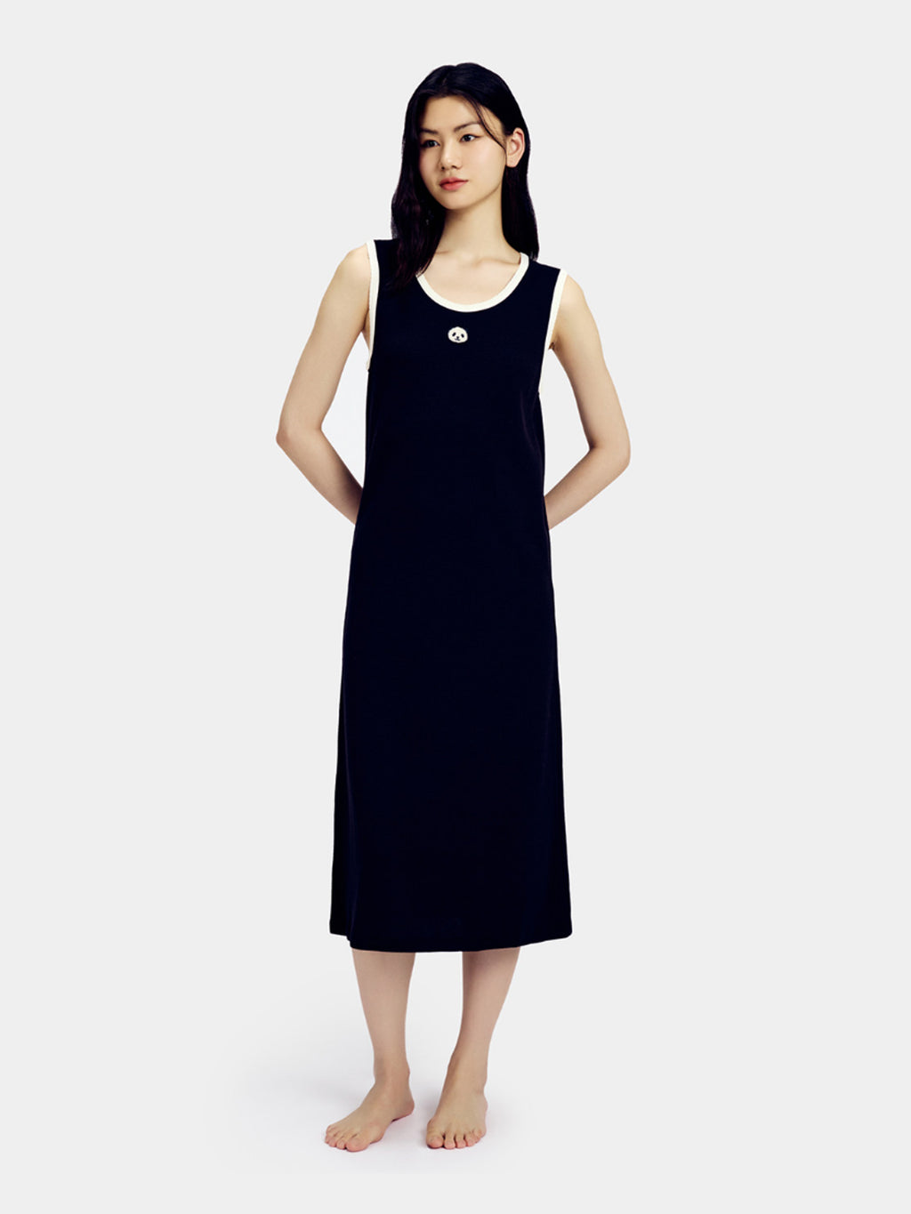 "Panda PomPom" Waffle Checks Nightgown – Black