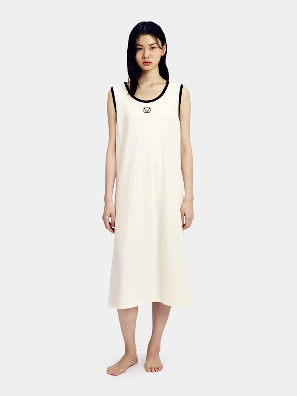 "Panda PomPom" Waffle Checks Nightgown – Cream White