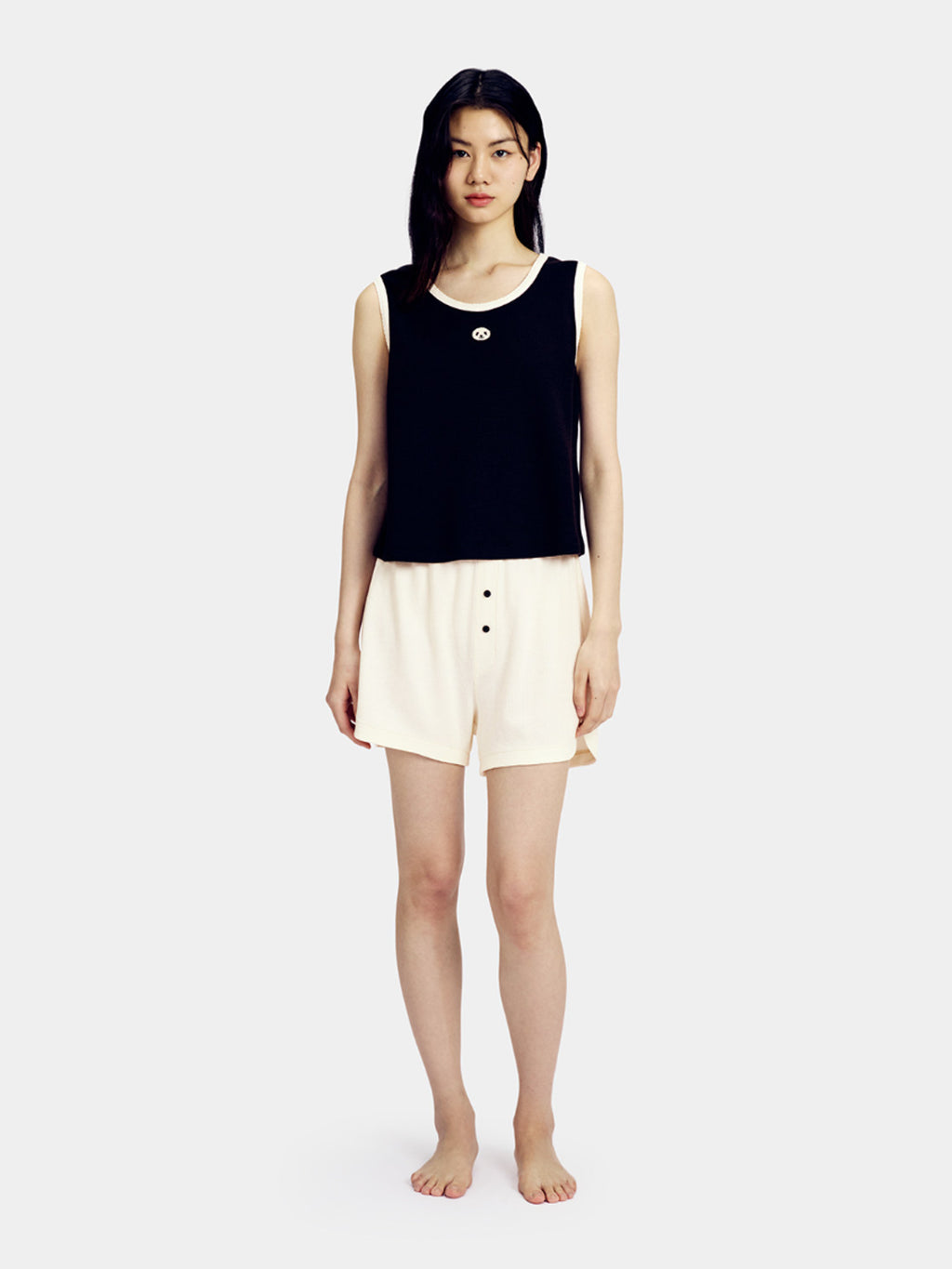 "Panda PomPom" Waffle Checks Loungewear Set – Black & White