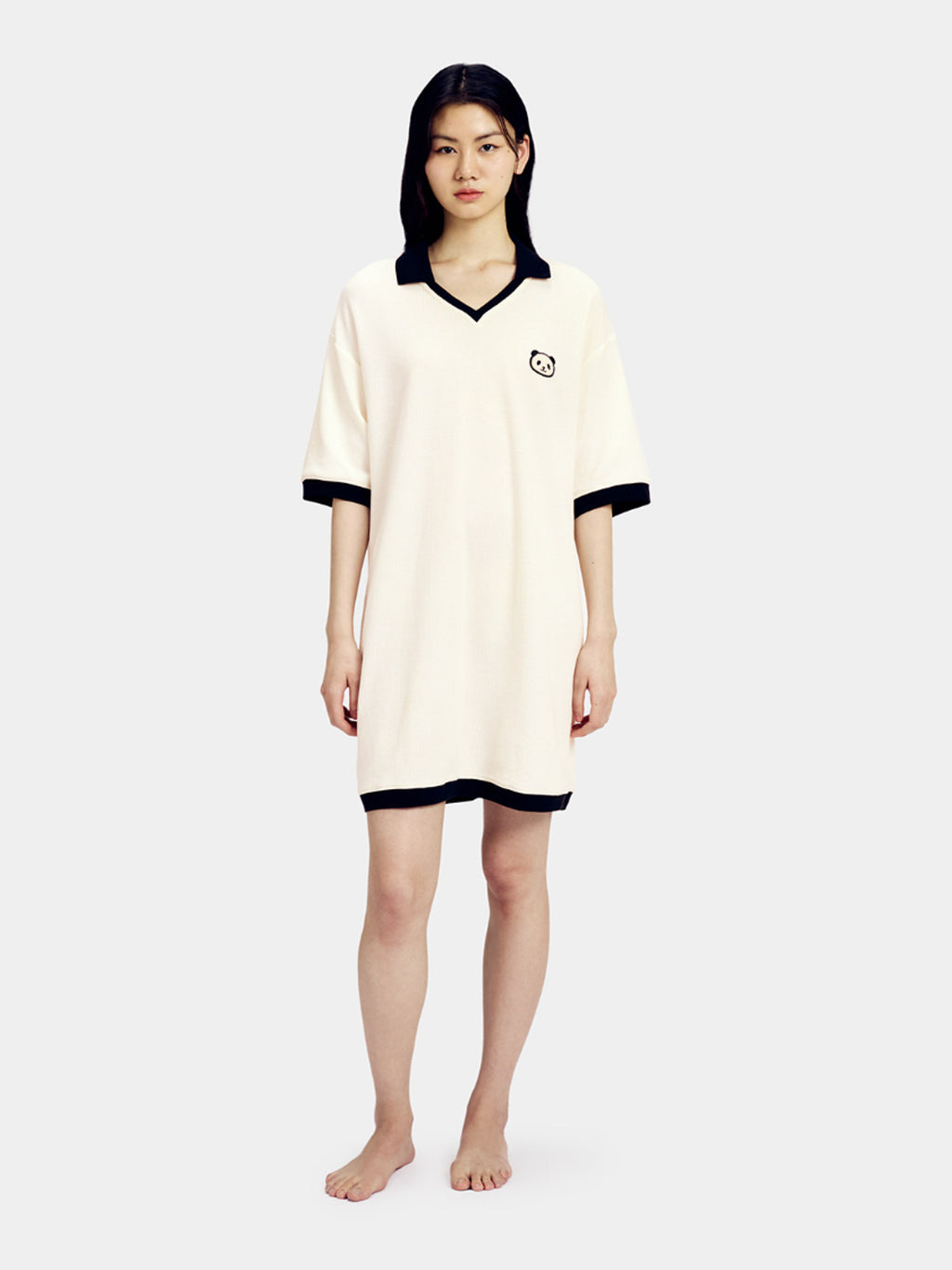 "Panda PomPom" Waffle Checks Polo Collar Nightgown – Cream White