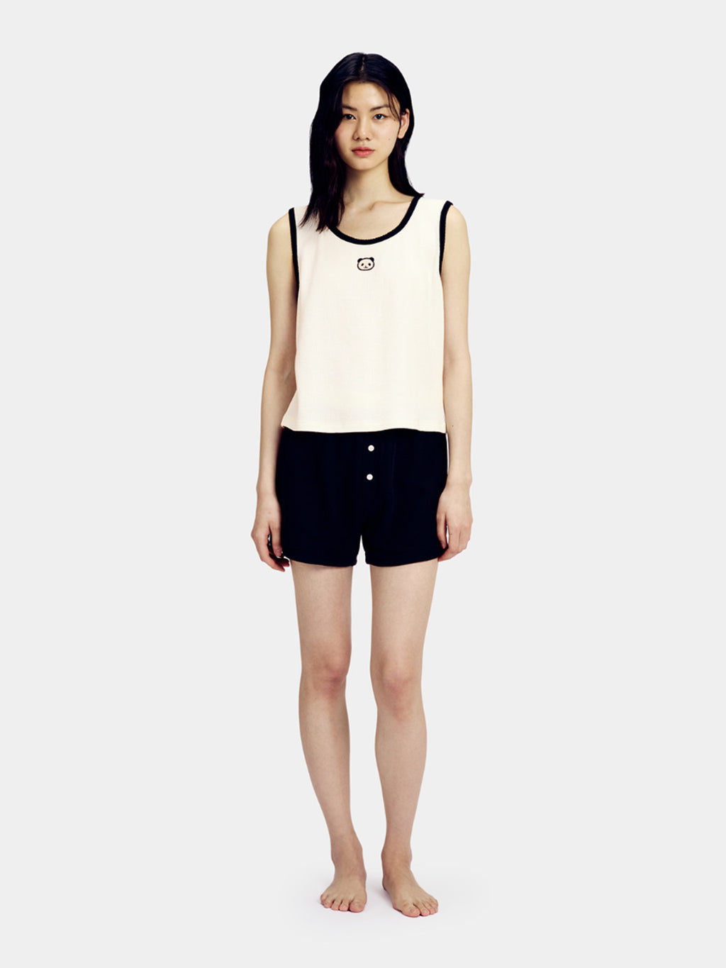 "Panda PomPom" Waffle Checks Loungewear Set – White & Black