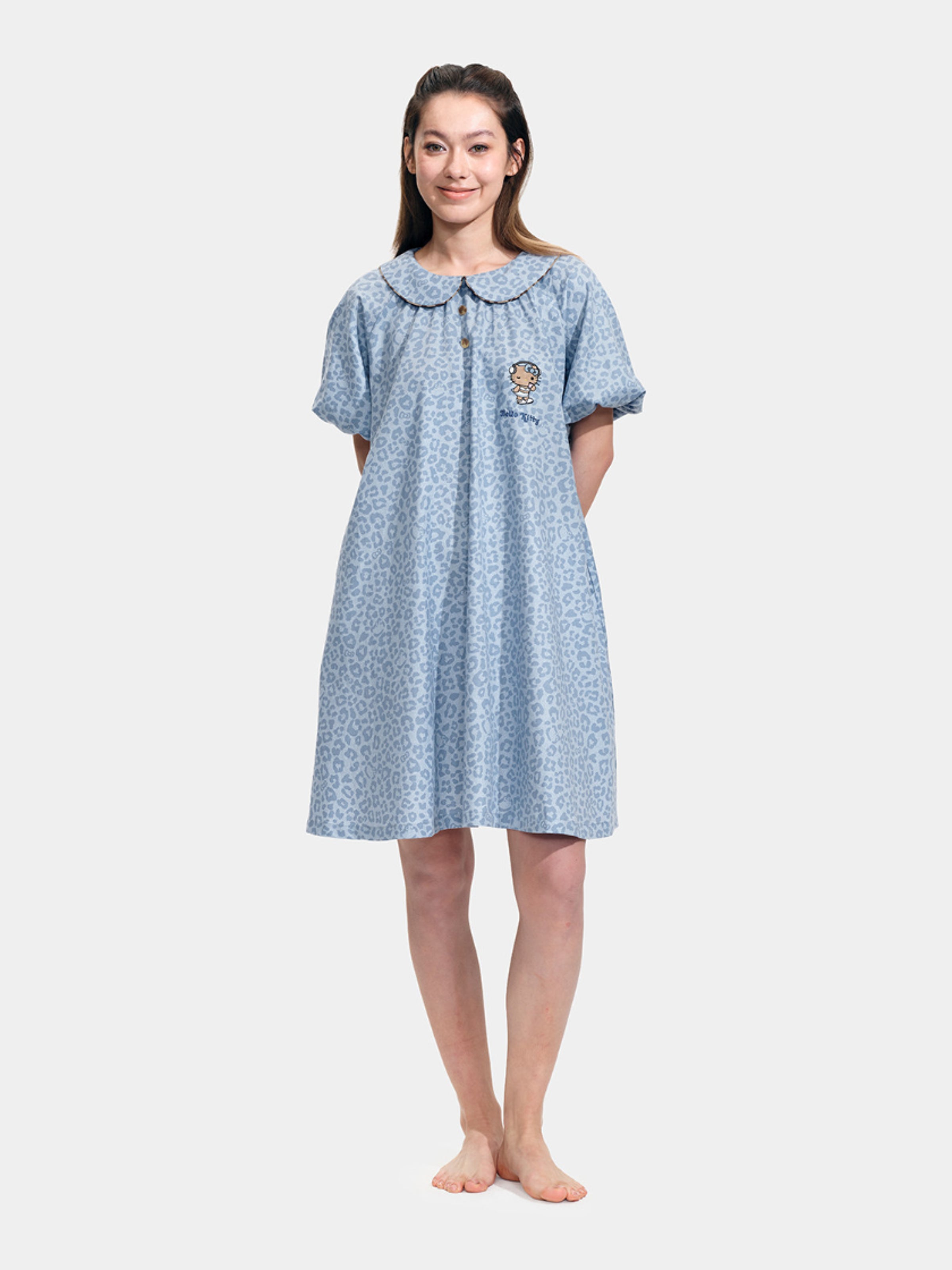 "Hello Kitty" Tencel Cotton Blend Short Sleeve Skirt – Denim Leopard