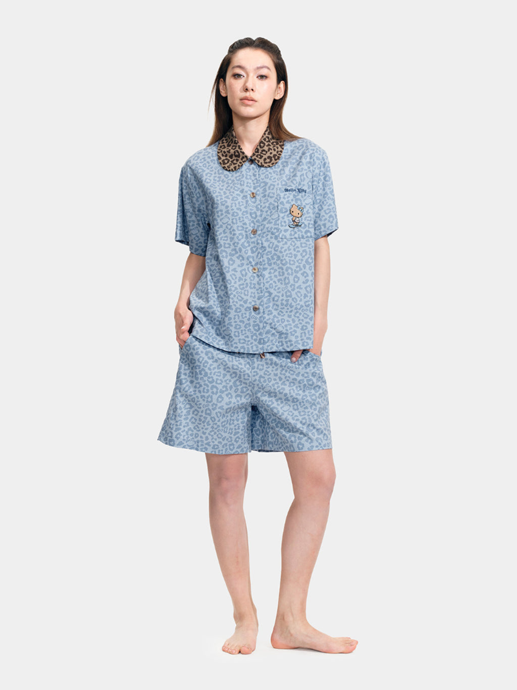 "Hello Kitty" Tencel Cotton Blend Short Sleeve Loungewear Set – Denim Leopard