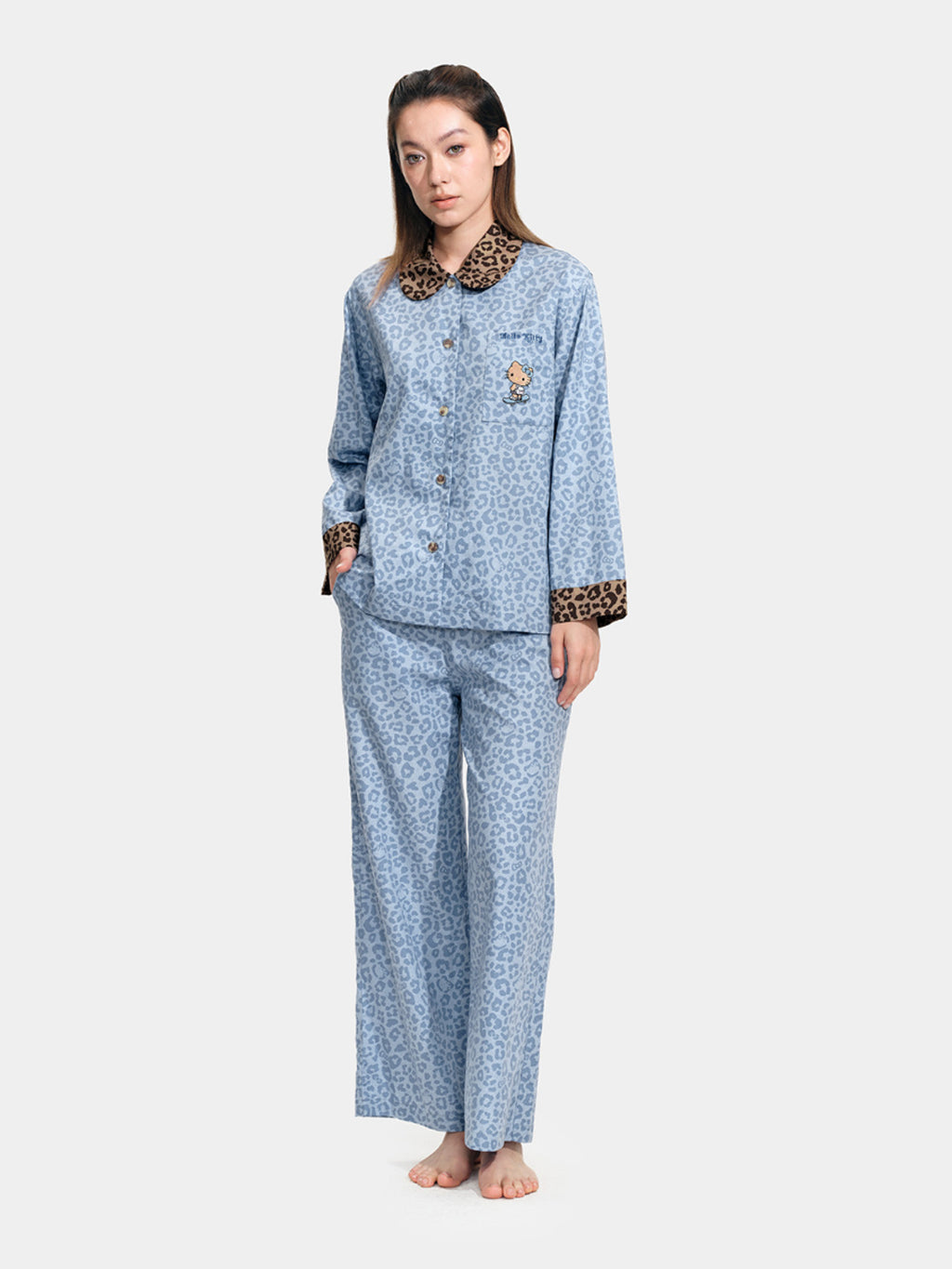 "Hello Kitty" Tencel Cotton Blend Loungewear Set – Denim Leopard