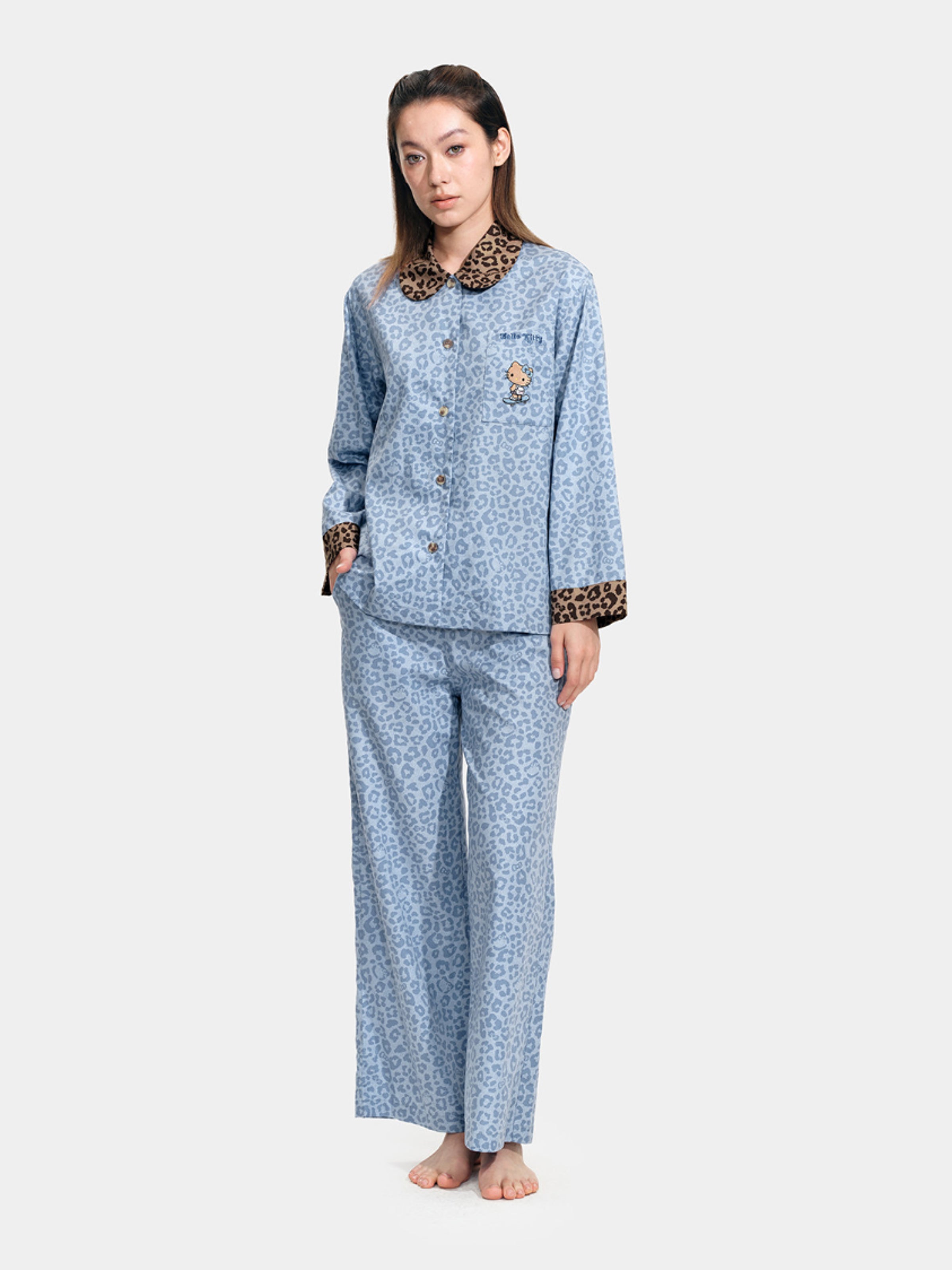 "Hello Kitty" Tencel Cotton Blend Loungewear Set – Denim Leopard