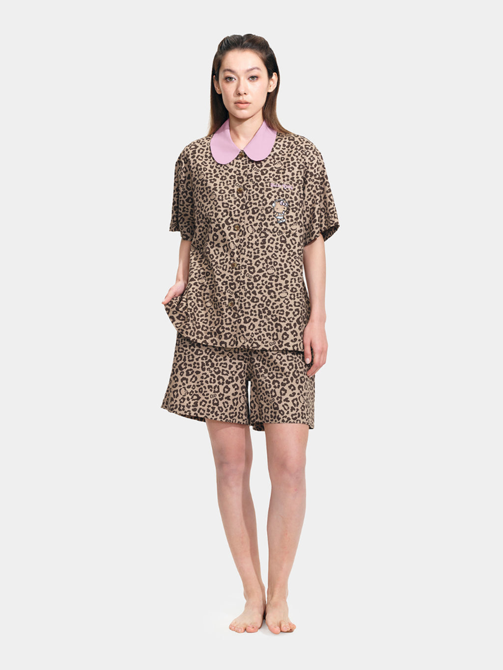 "Hello Kitty" Tencel Cotton Blend Short Sleeve Loungewear Set – Leopard
