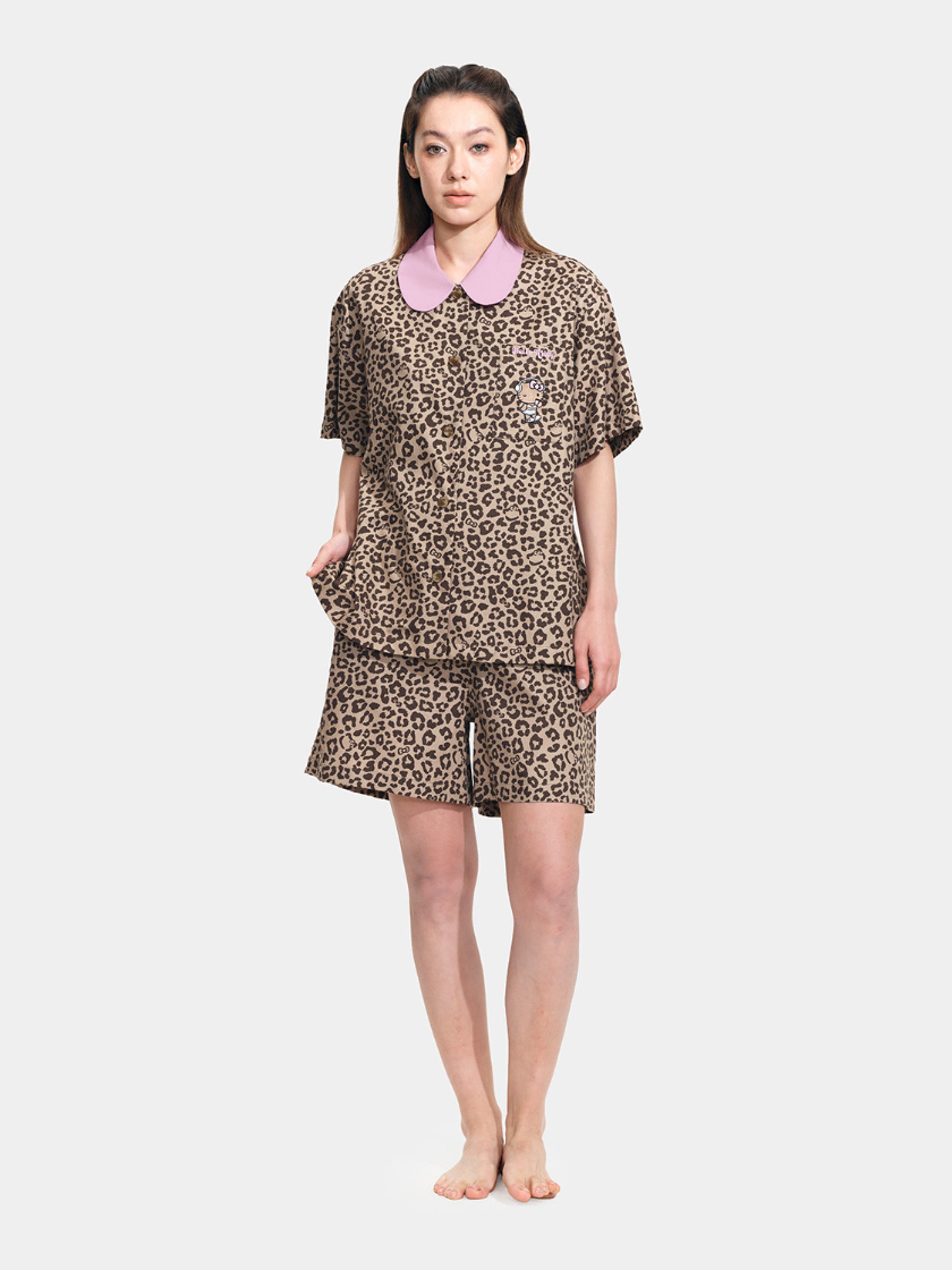"Hello Kitty" Tencel Cotton Blend Short Sleeve Loungewear Set – Leopard