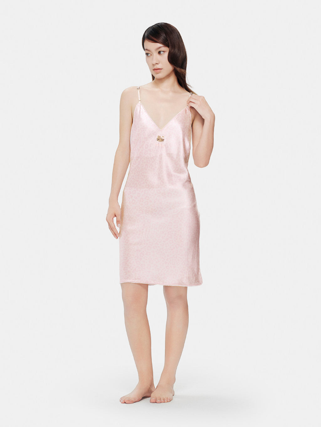 "Hello Kitty" Premium Heavy Mulberry Silk Spaghetti Strap Nightgown – Pink Leopard