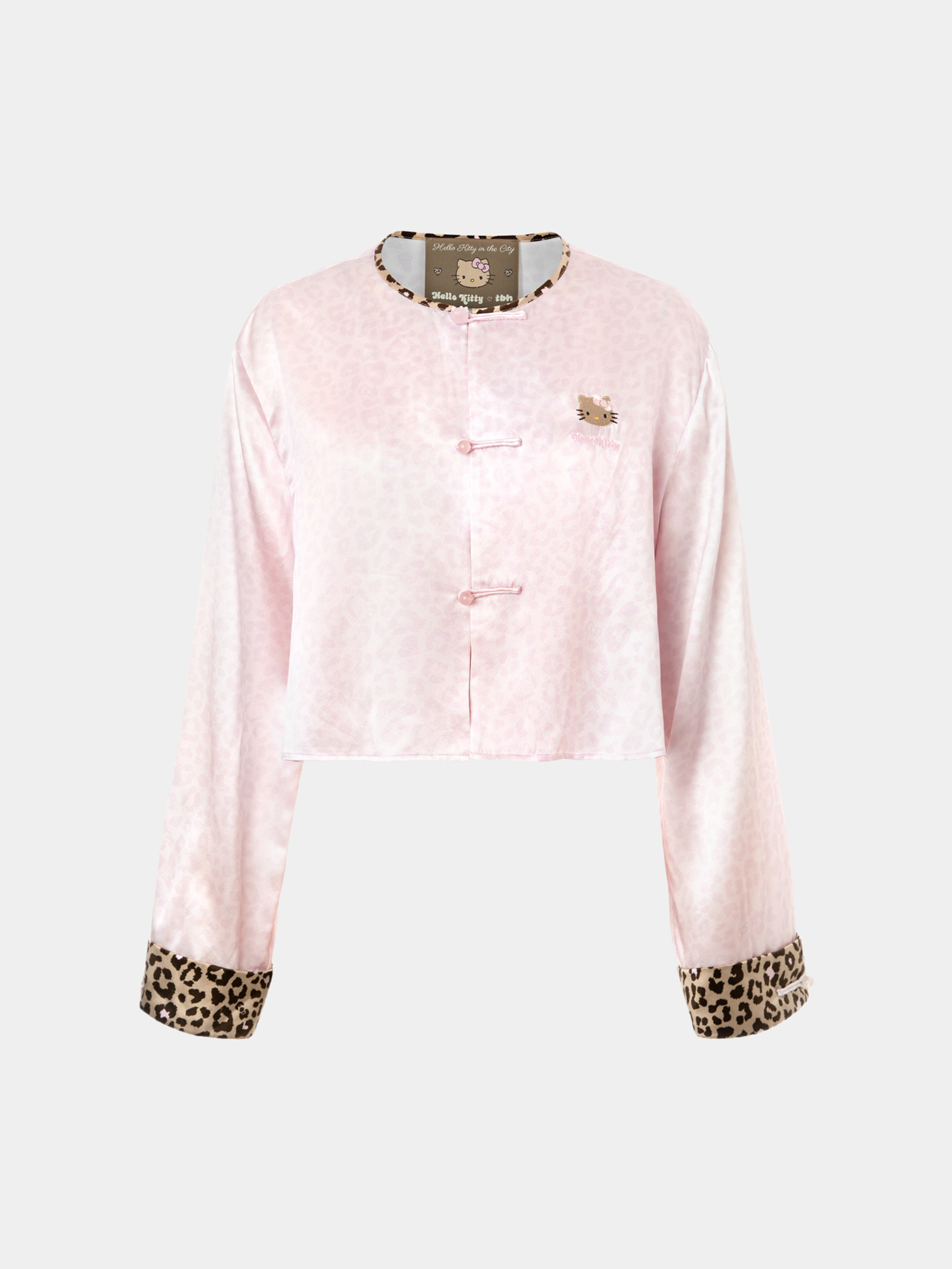 "Hello Kitty" Premium Heavy Mulberry Silk Chinese-Style Short Top – Pink Leopard