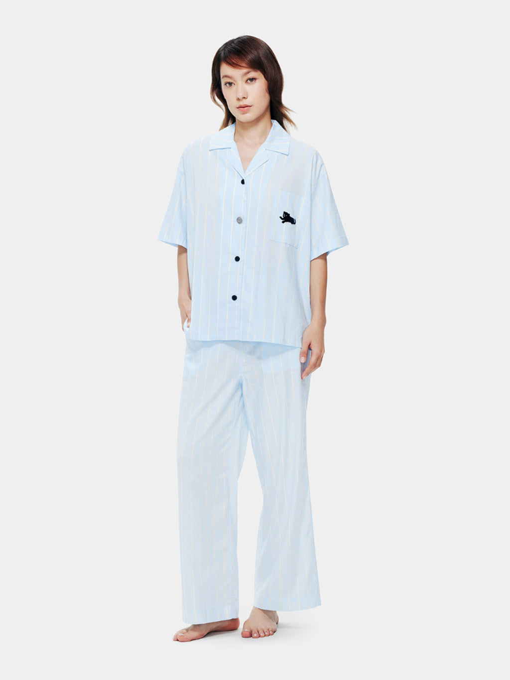 “Urban Jungle” Tencel Cotton Blend Short Sleeve And Pants Loungewear Set Water Blue