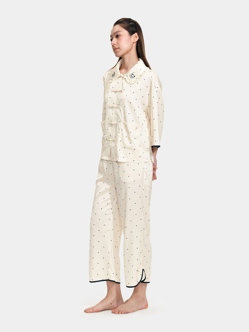 "Panda PomPom" Chinese-Style Satin Loungewear Set – White Polka Dot