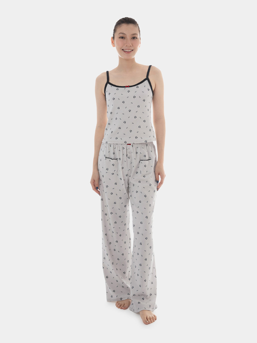 "Panda PomPom" Jersey Rib Jacquard Spaghetti Strap Top & Pants Pajama Set – Gray