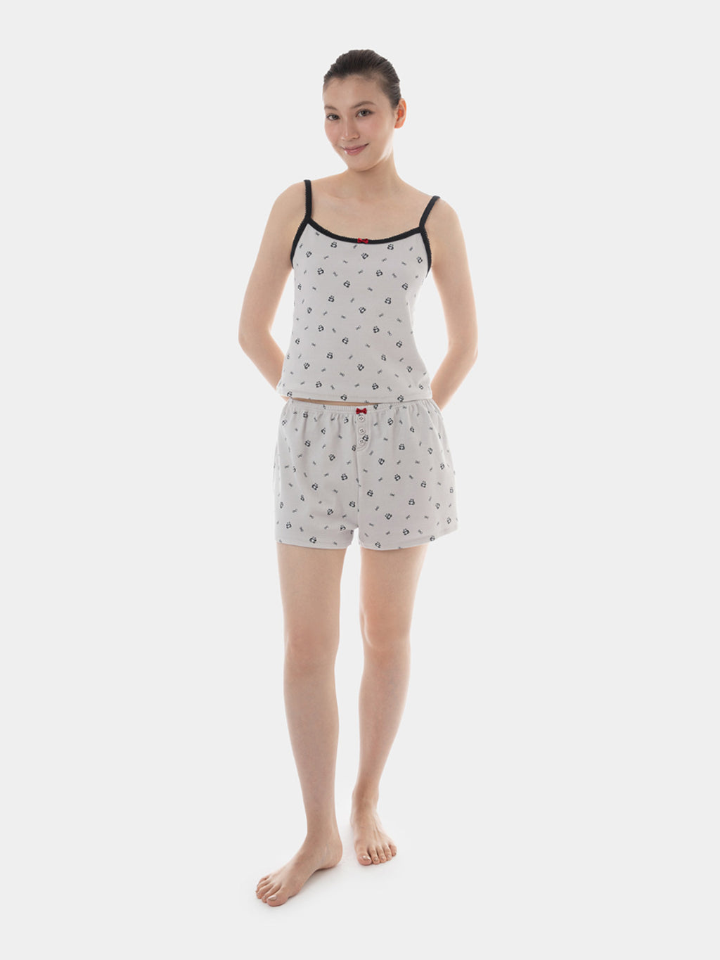 "Panda PomPom" Jersey Rib Jacquard Spaghetti Strap Top & Shorts Pajama Set – Gray