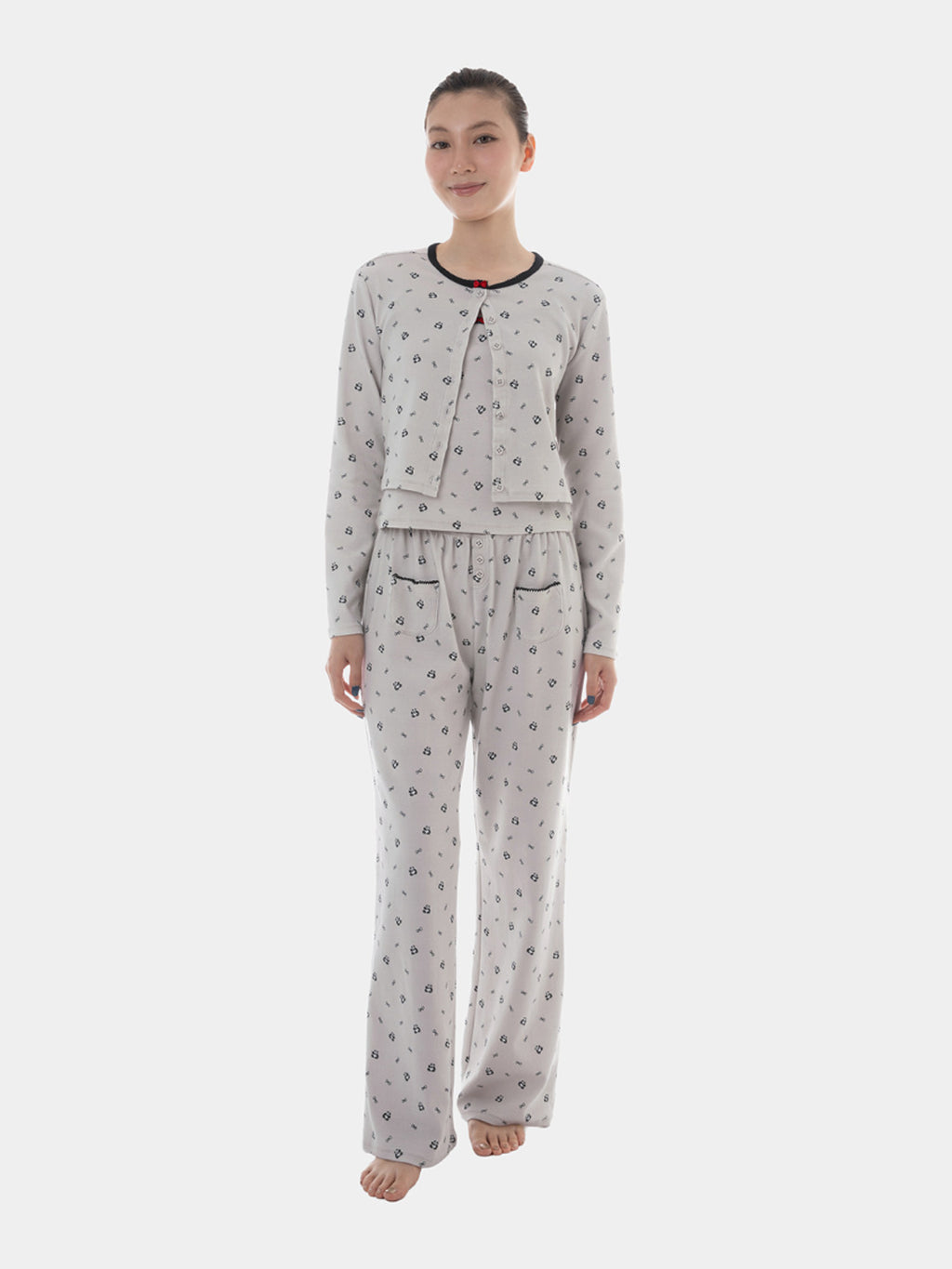 "Panda PomPom" Jersey Rib Jacquard Loungewear Pants Set – Gray