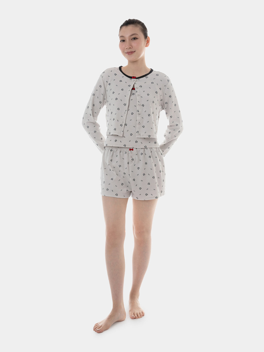 "Panda PomPom" Jersey Rib Jacquard Loungewear Shorts Set – Gray
