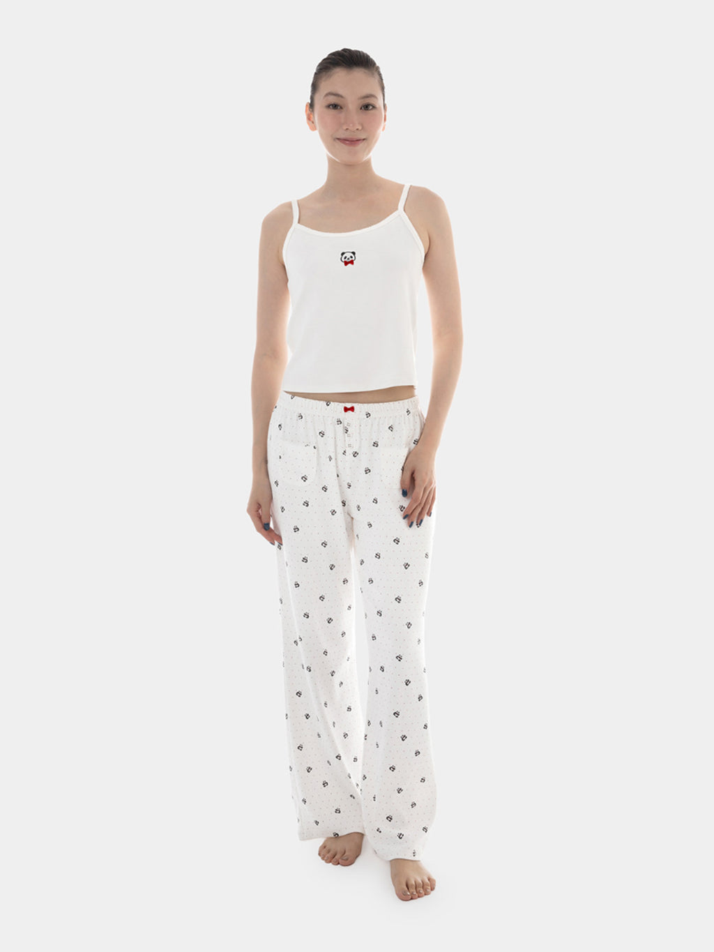 "Hello Kitty" Jersey Rib Jacquard Spaghetti Strap Top & Pants Pajama Set – White Polka Dot