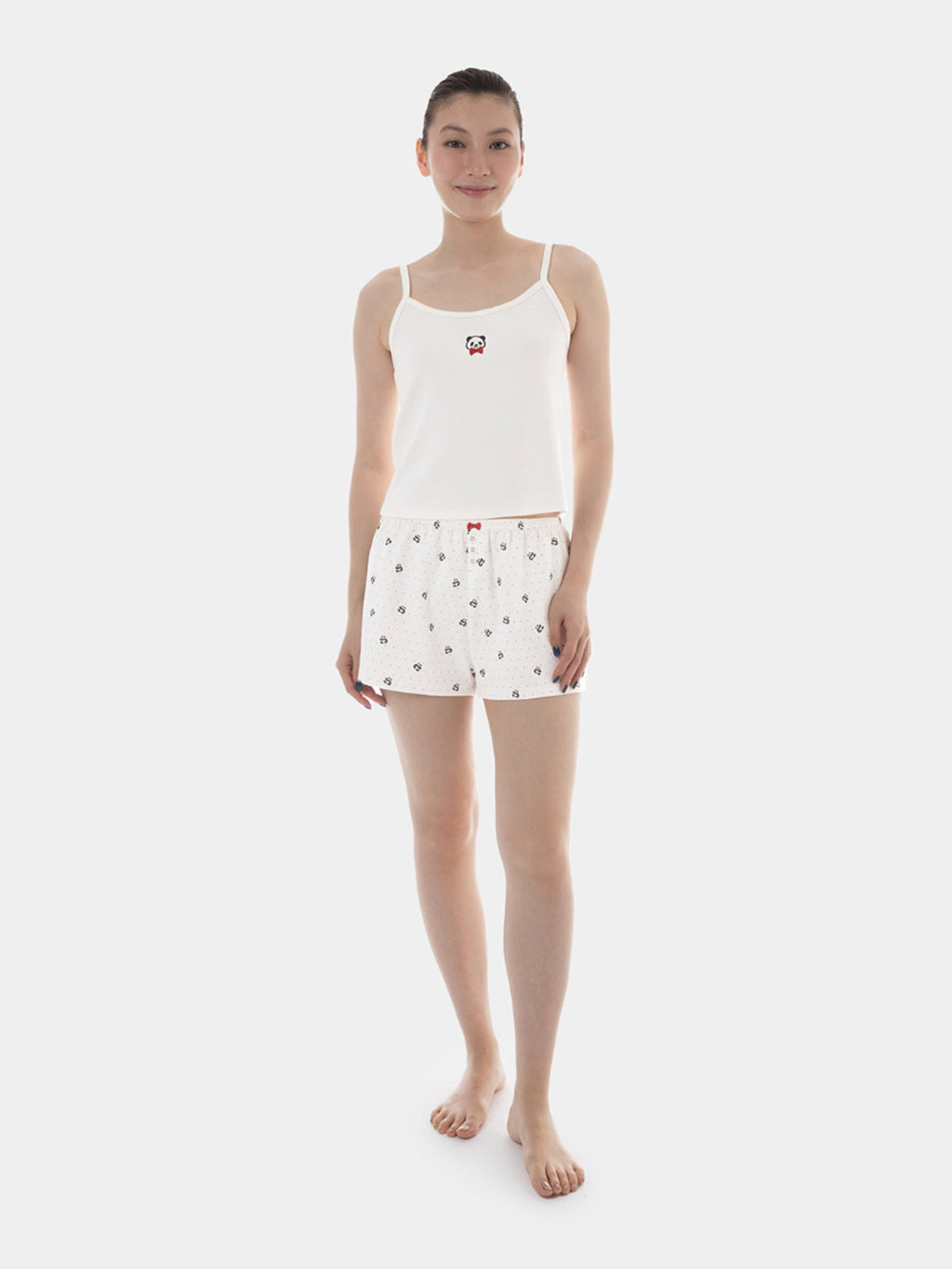 "Hello Kitty" Jersey Rib Jacquard Spaghetti Strap Top & Shorts Pajama Set – White Polka Dot