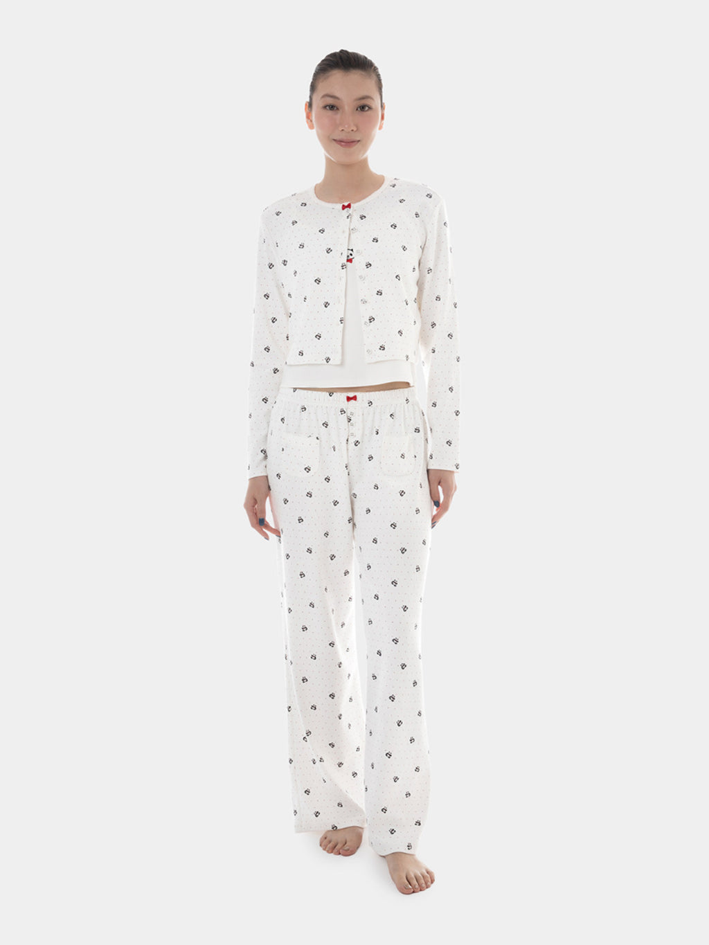 "Panda PomPom" Jersey Rib Jacquard Loungewear Pants Set – White Polka Dot