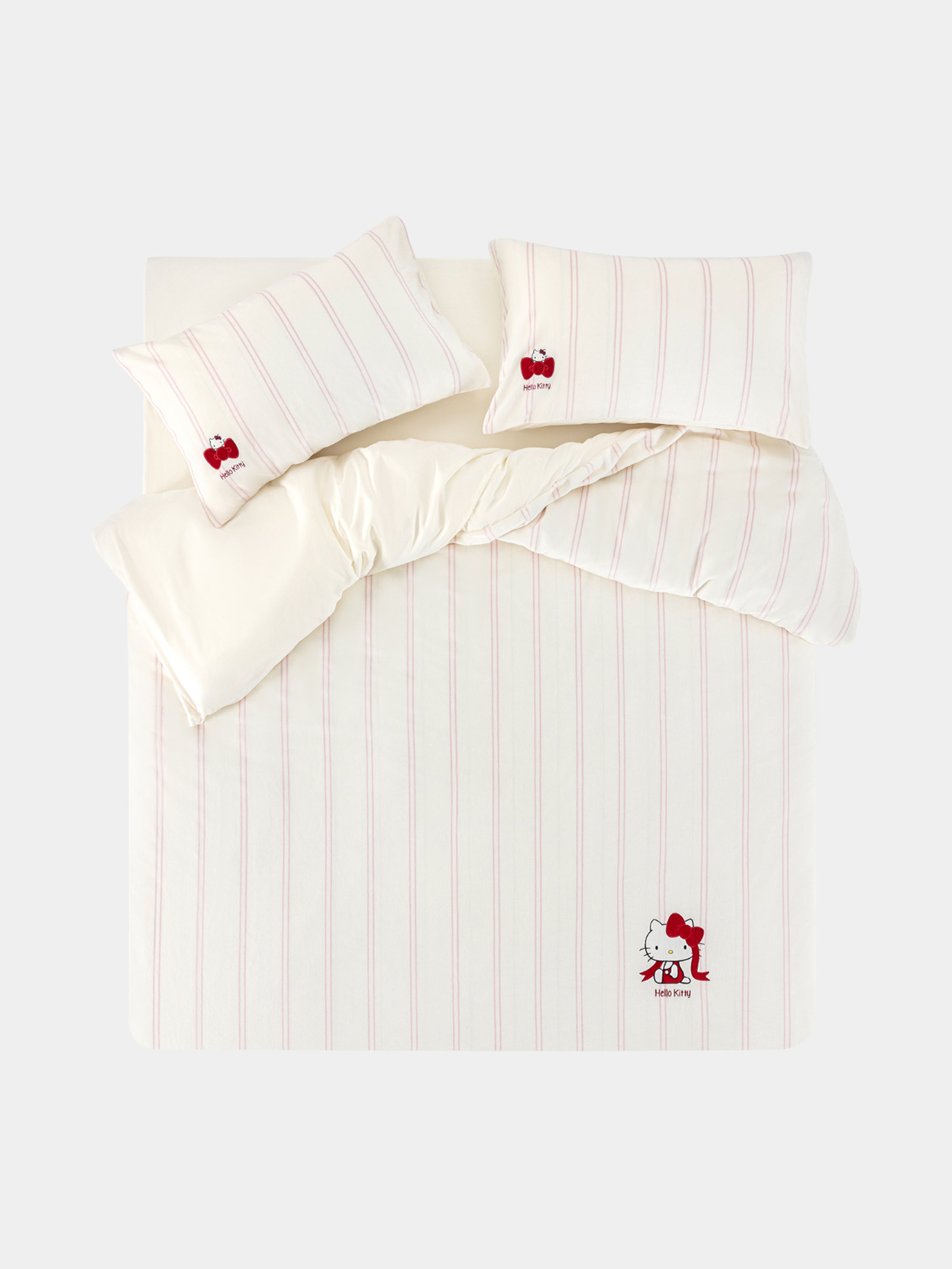 "Hello Kitty" Cozy Reversible Flannel Bedding Set – Cream Stripes