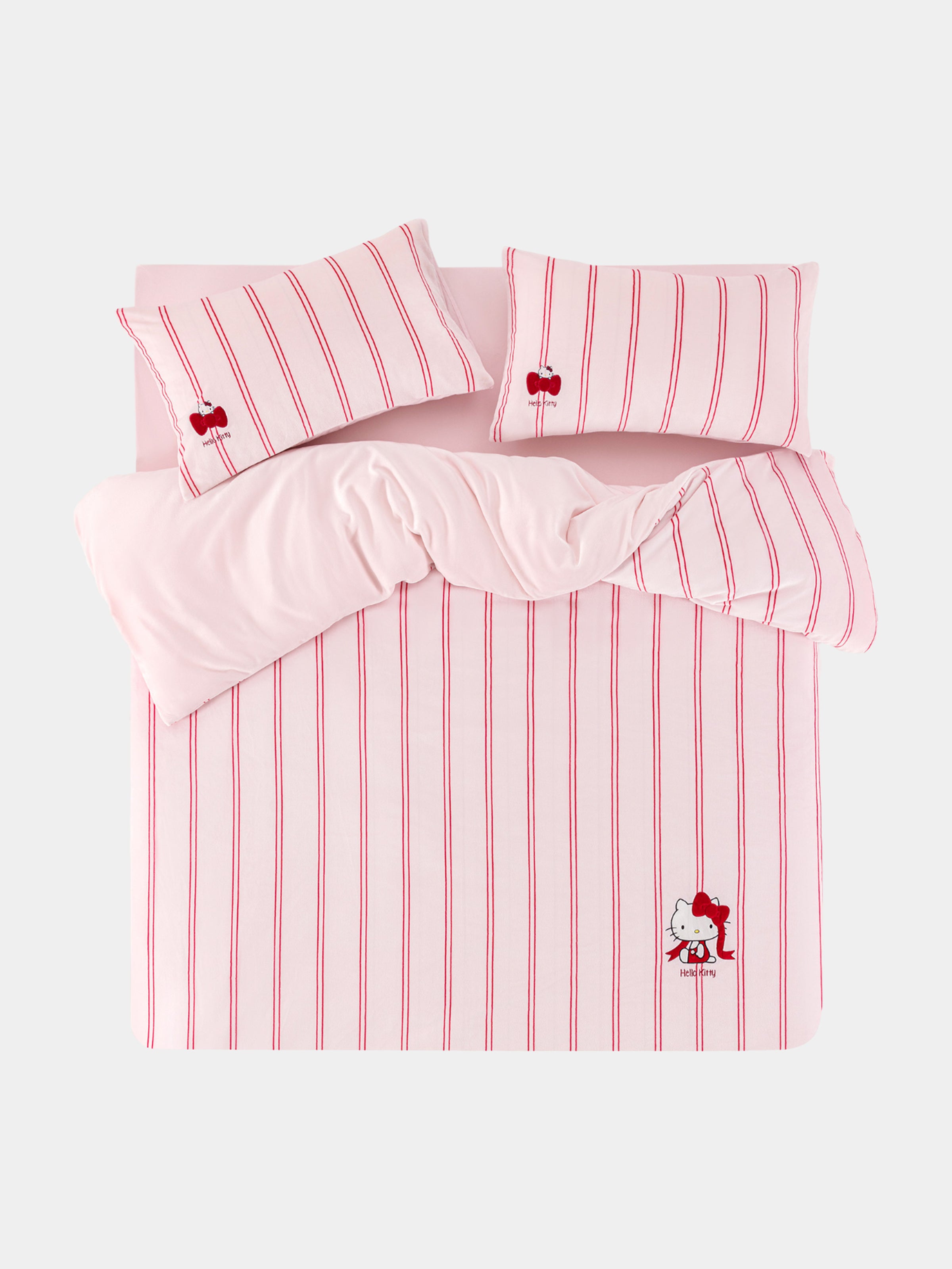 "Hello Kitty" Cozy Reversible Flannel Bedding Set – Pink Stripes