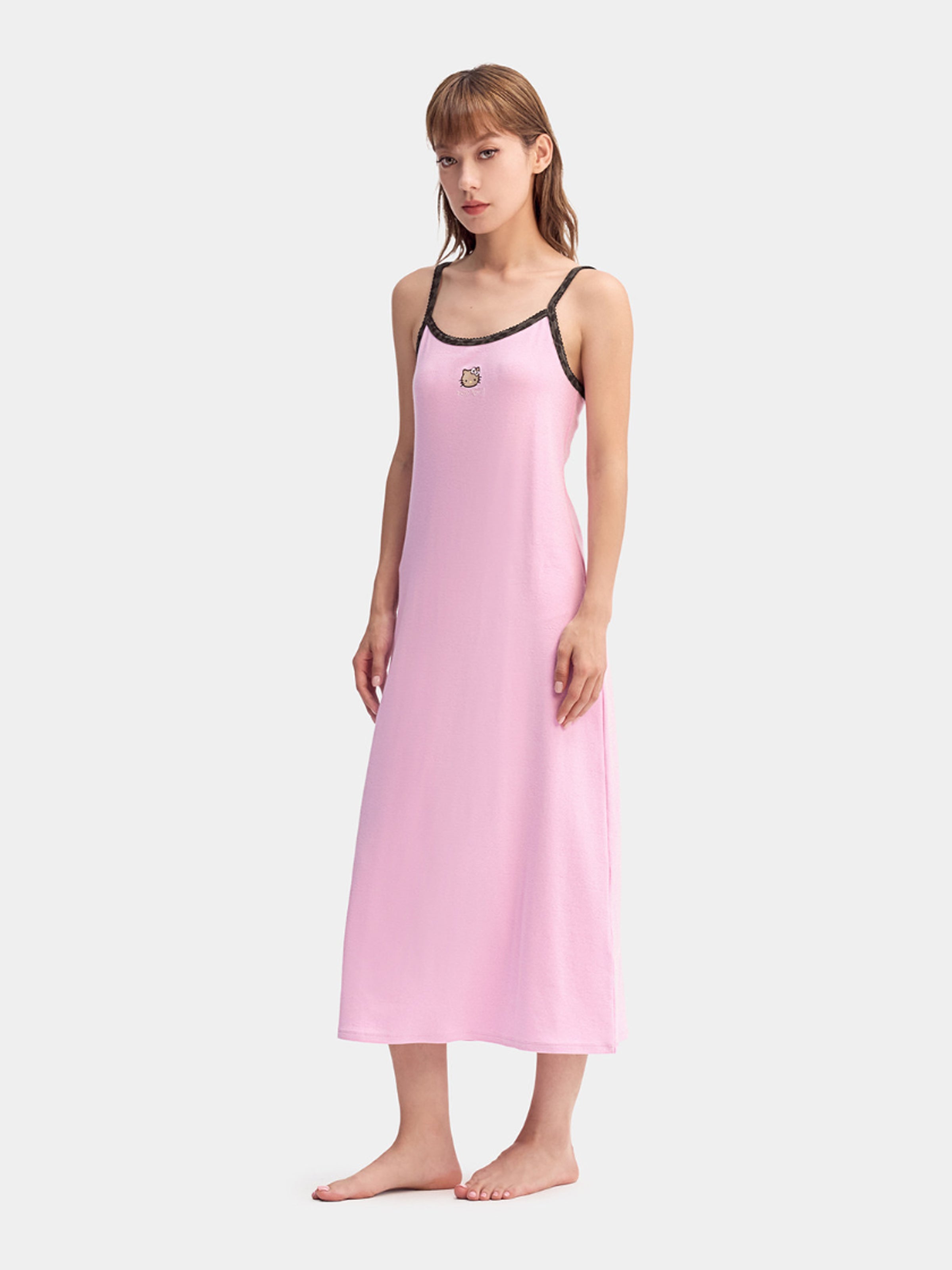 "Hello Kitty" Jersey Rib Jacquard Spaghetti Strap Nightgown – Raspberry