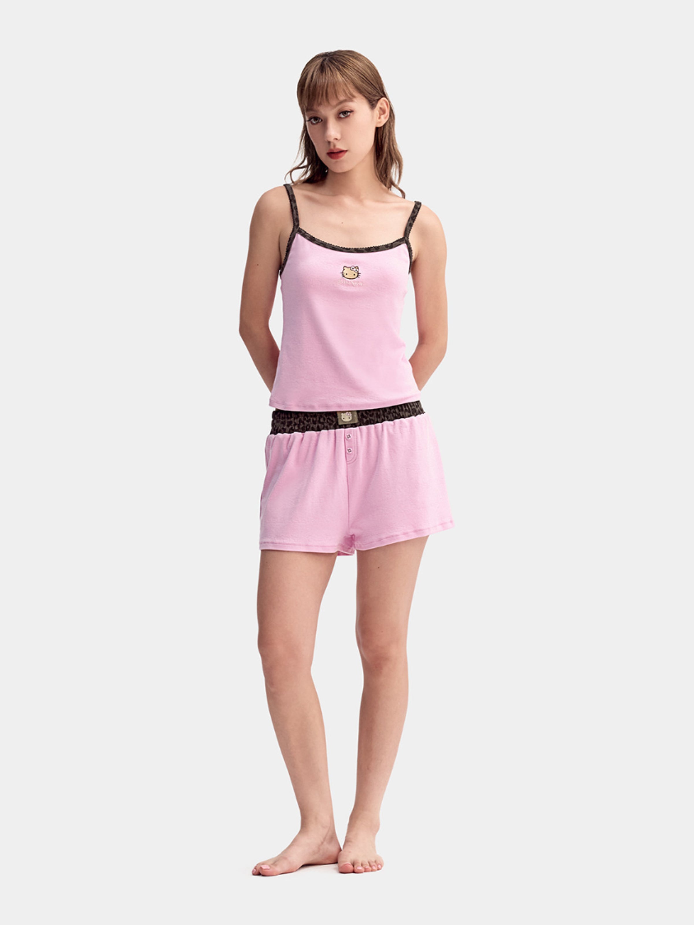 "Hello Kitty" Jersey Rib Jacquard Spaghetti Strap Top & Shorts Pajama Set – Raspberry