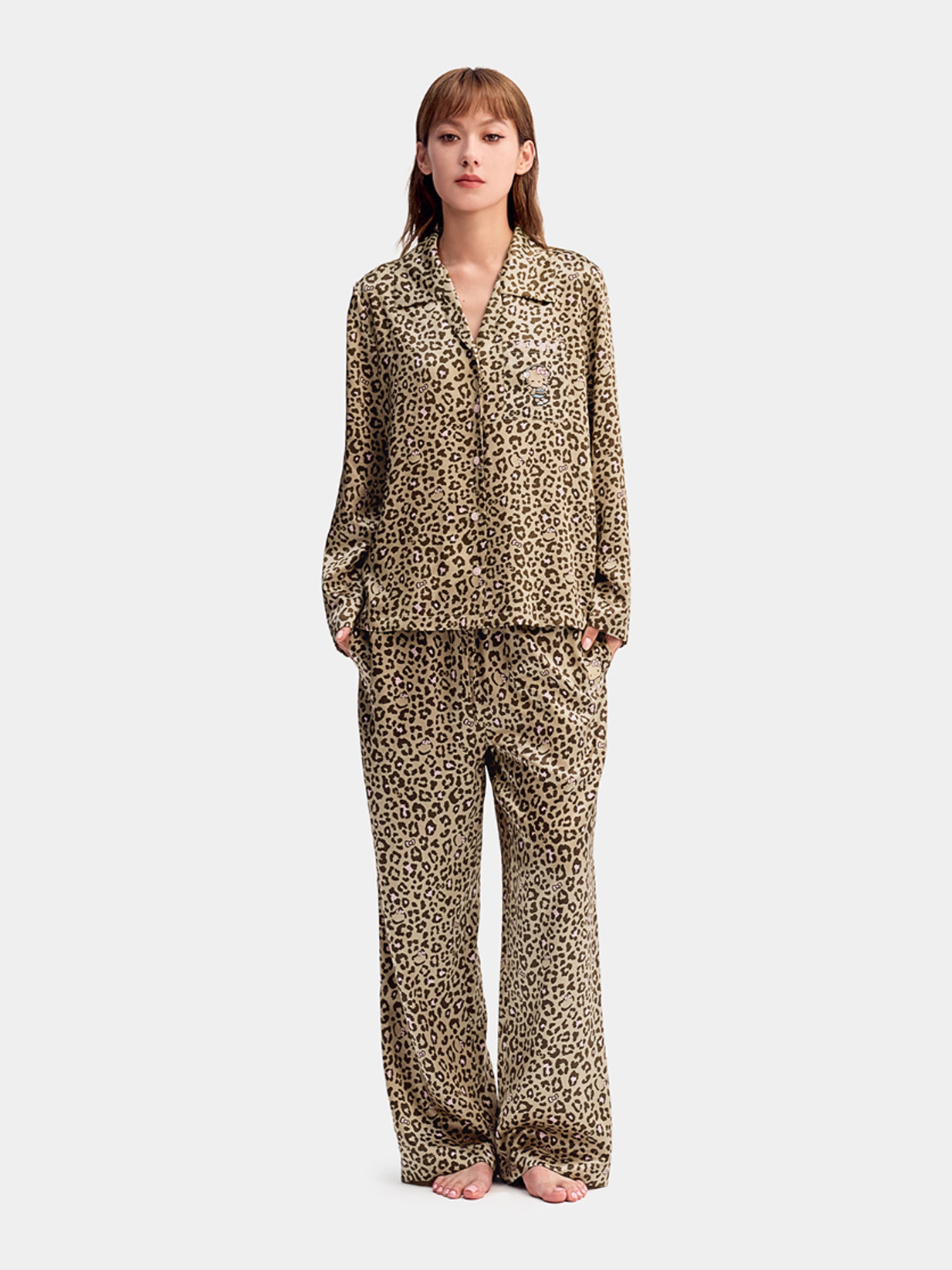 "Hello Kitty" Premium Heavy Mulberry Silk Loungewear Set – Leopard