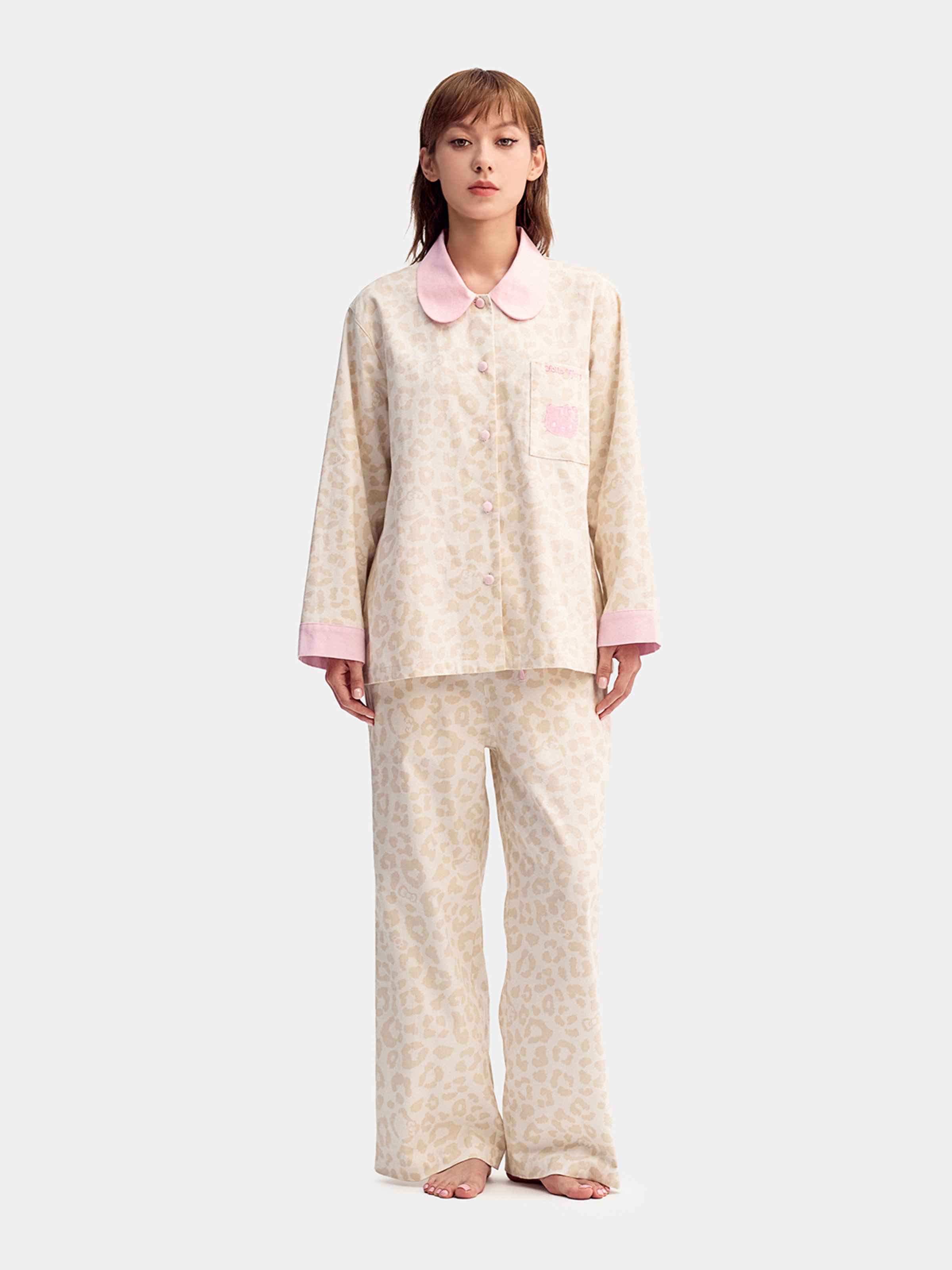 "Hello Kitty" Cotton Flannel Loungewear Set Cream  Leopard