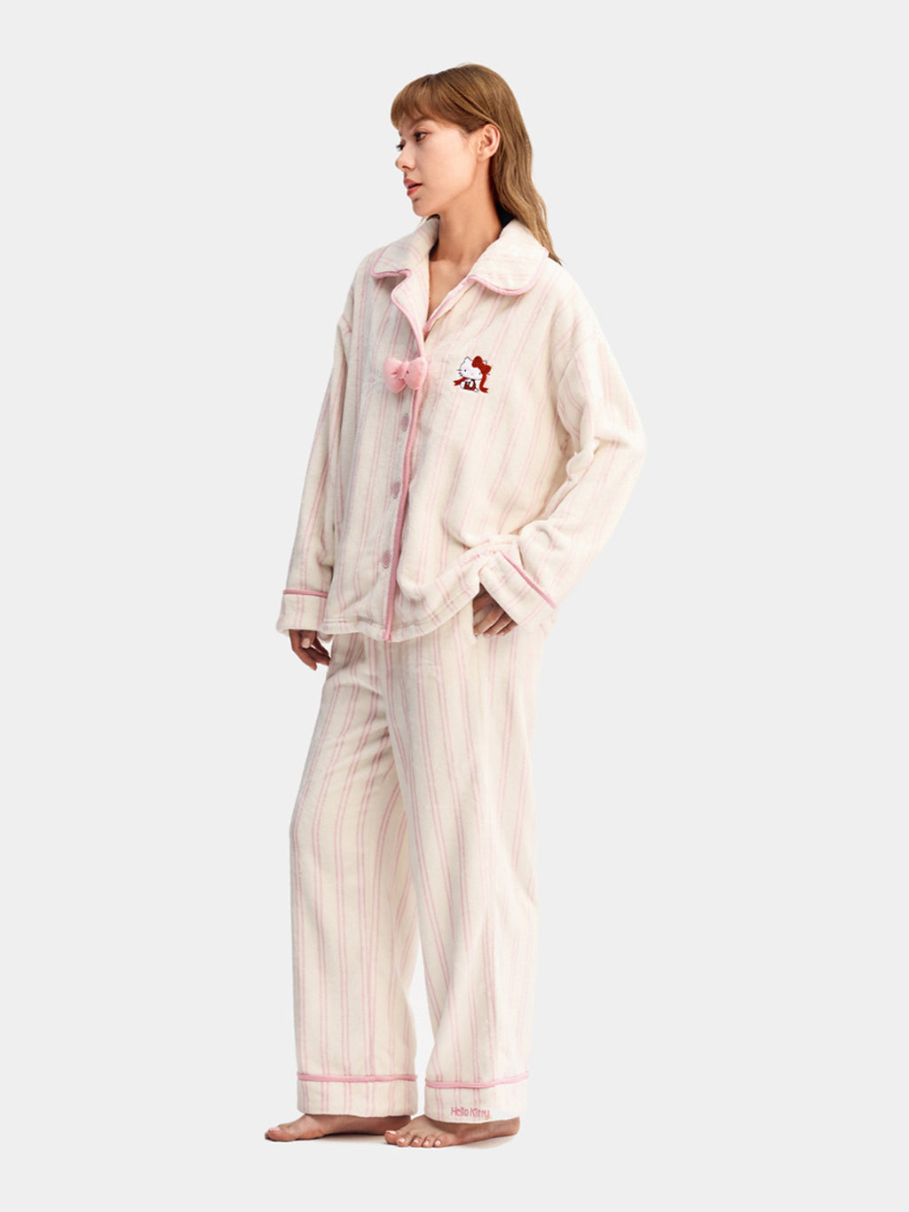 "Hello Kitty" Flannel Loungewear Set – Cream Stripes