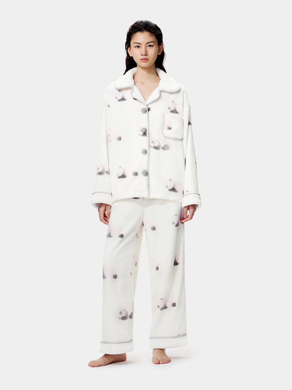 "Panda PomPom" Flannel Loungewear Set – Cream White