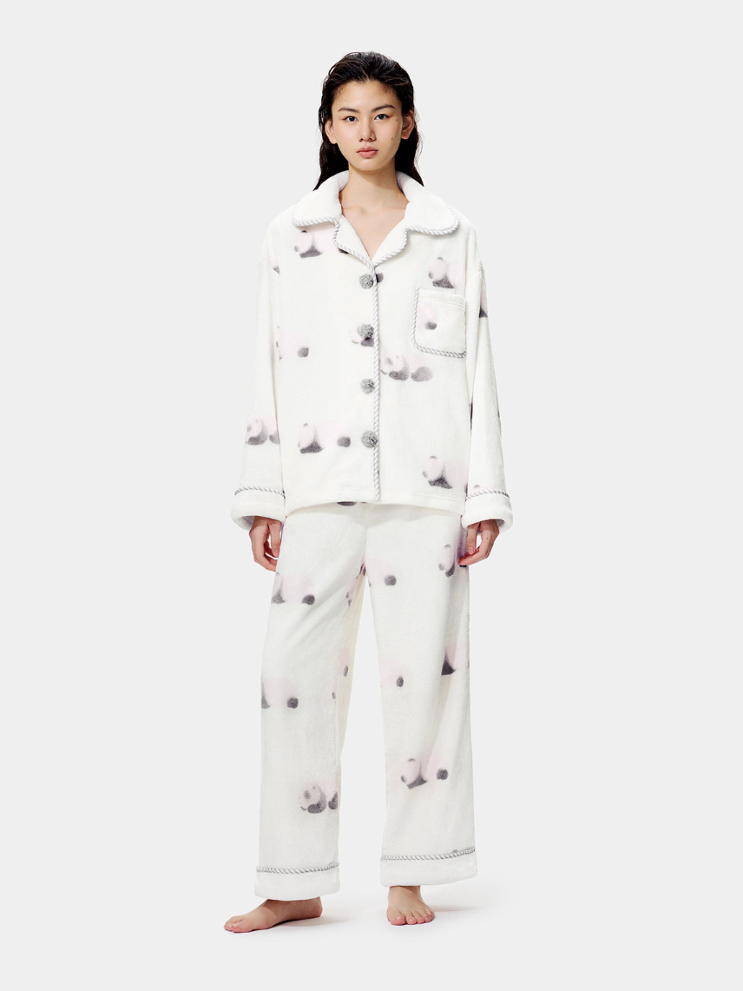 "Panda PomPom" Flannel Loungewear Set Cream White