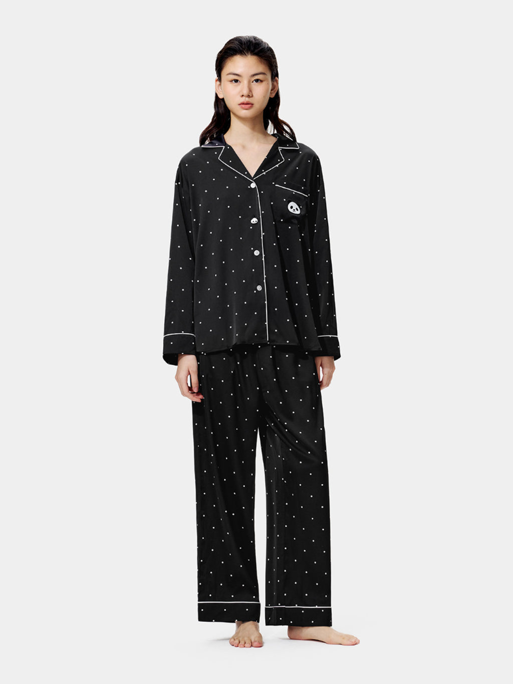 "Panda PomPom" Satin Loungewear Set – Black Polka Dot