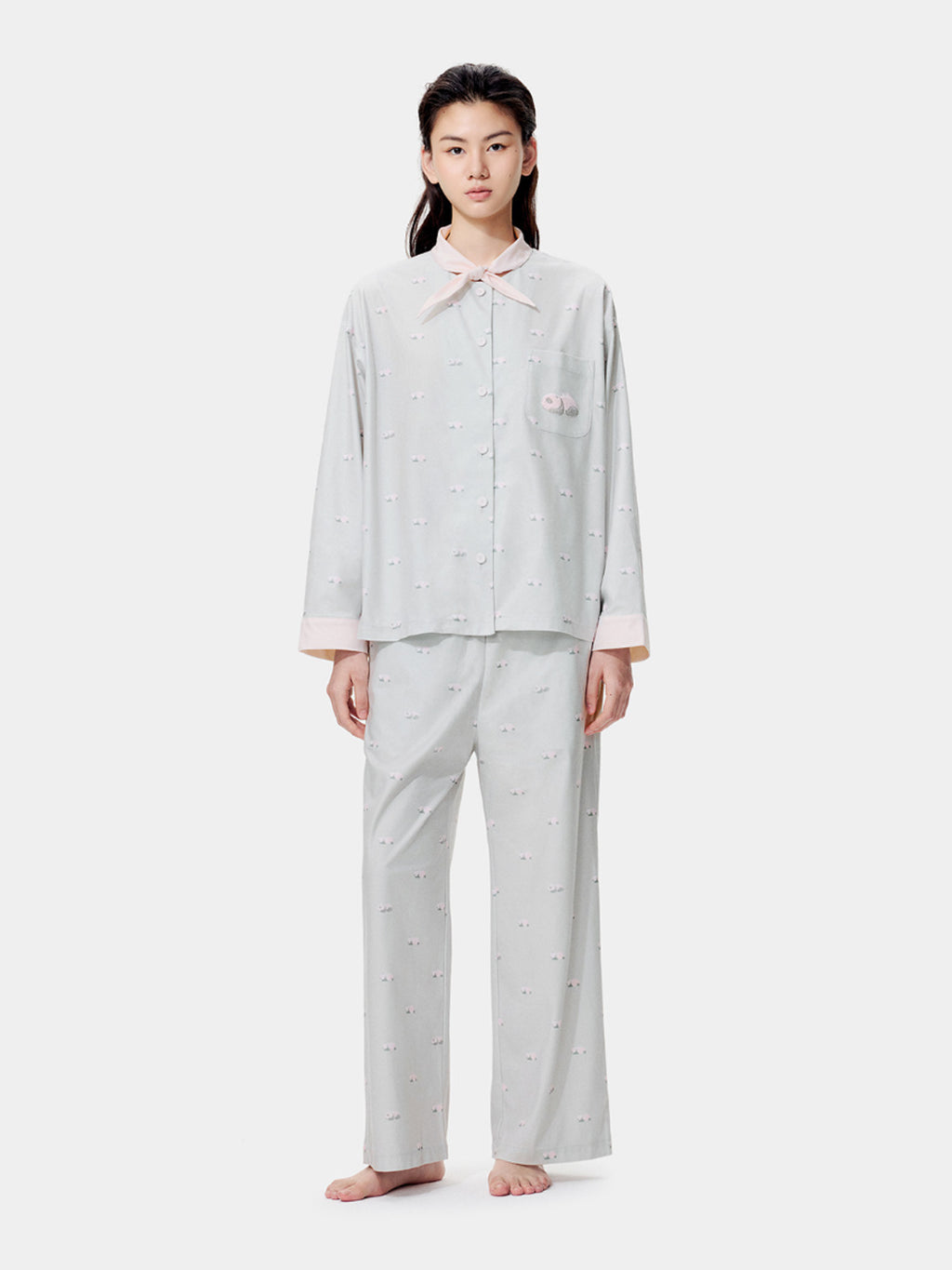 "Panda PomPom" Polar Fleece Neckerchief Loungewear Set – Gray