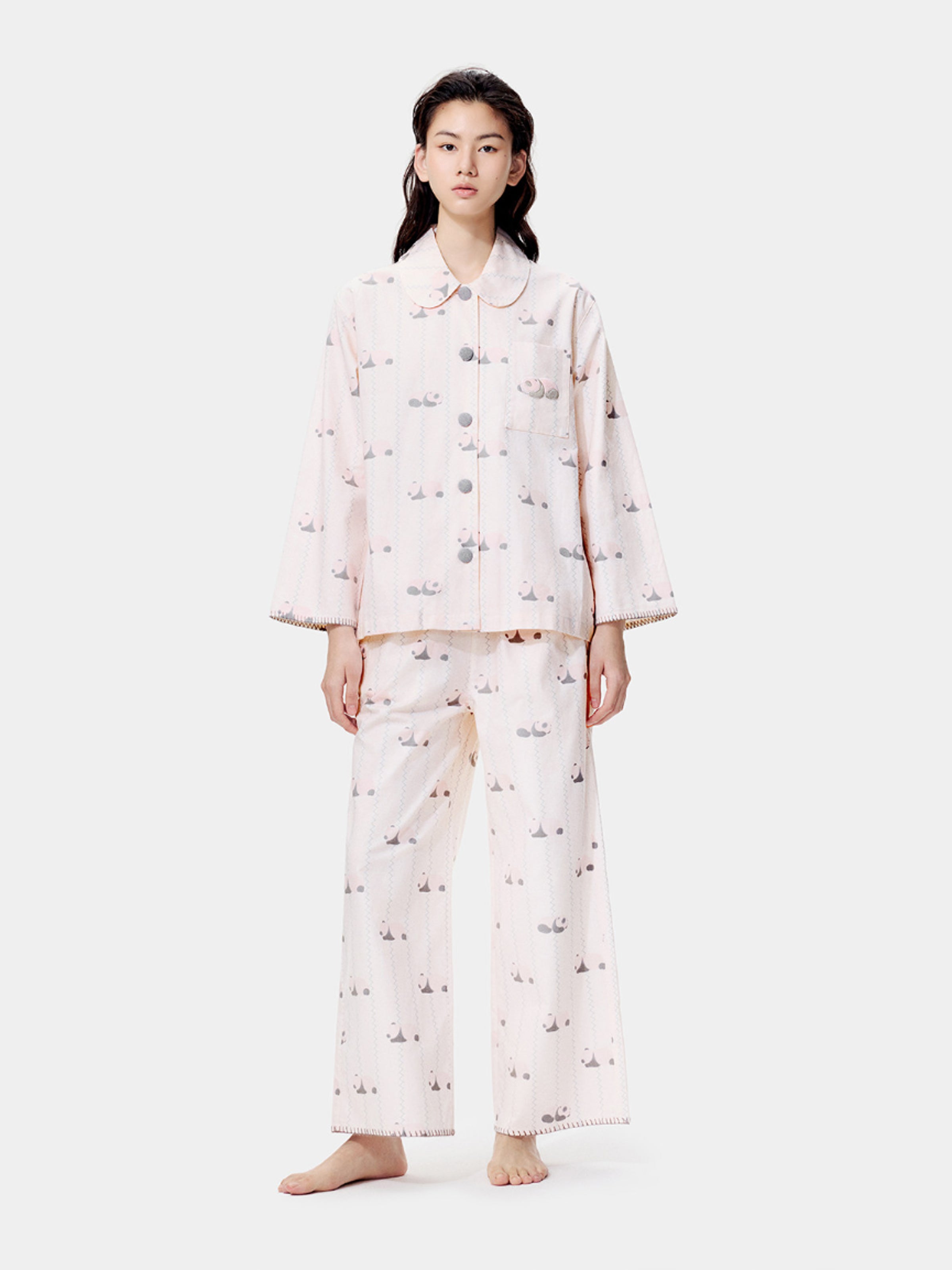 "Panda PomPom" Thickened Cotton Flannel Loungewear Set Pink
