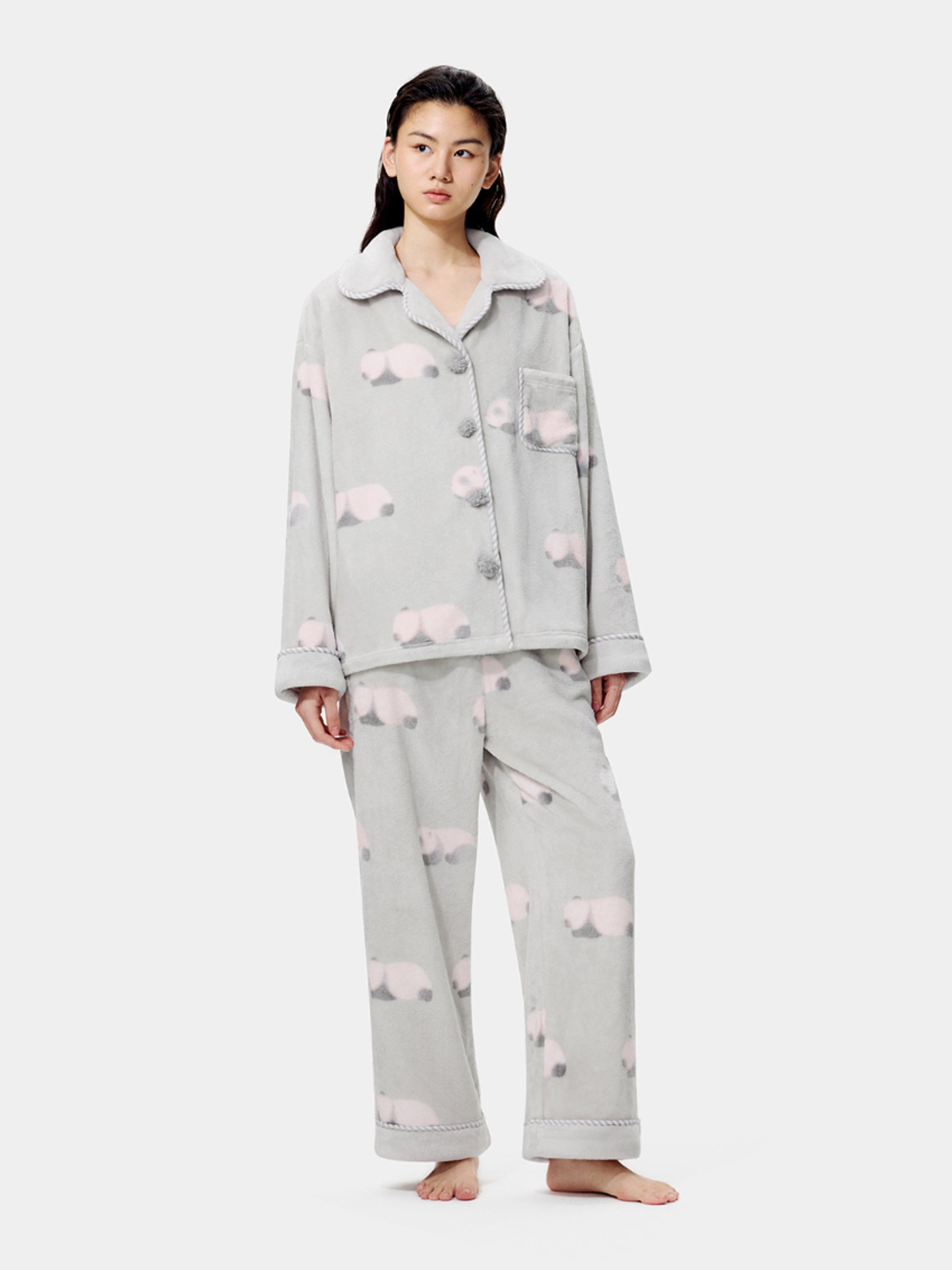 "Panda PomPom" Flannel Loungewear Set Gray