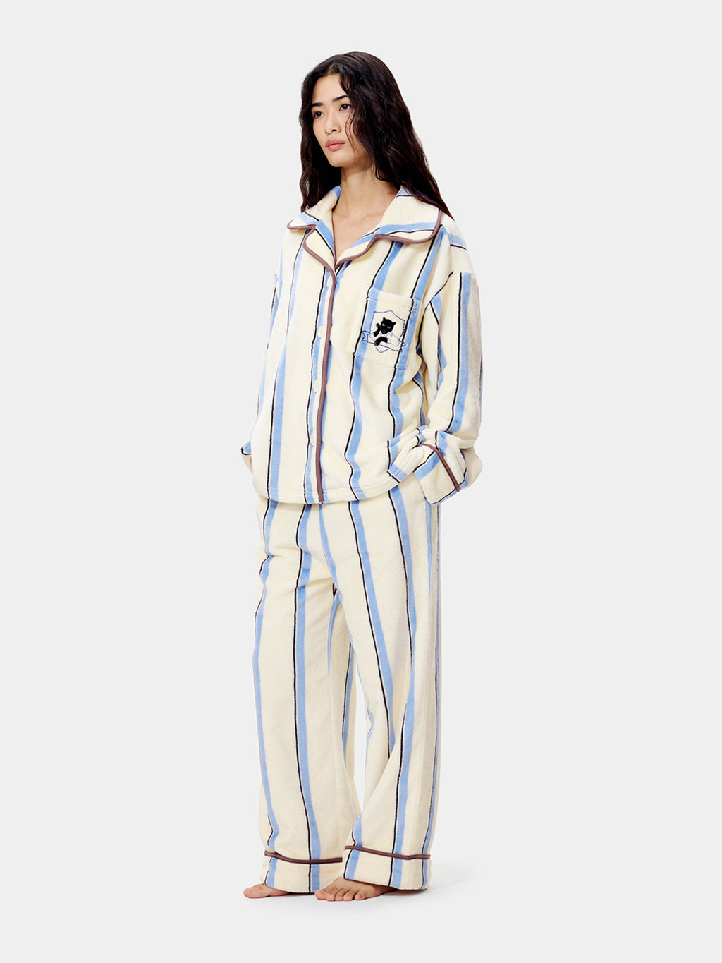 “Urban Jungle” Flannel Loungewear Set Blue and White Stripes