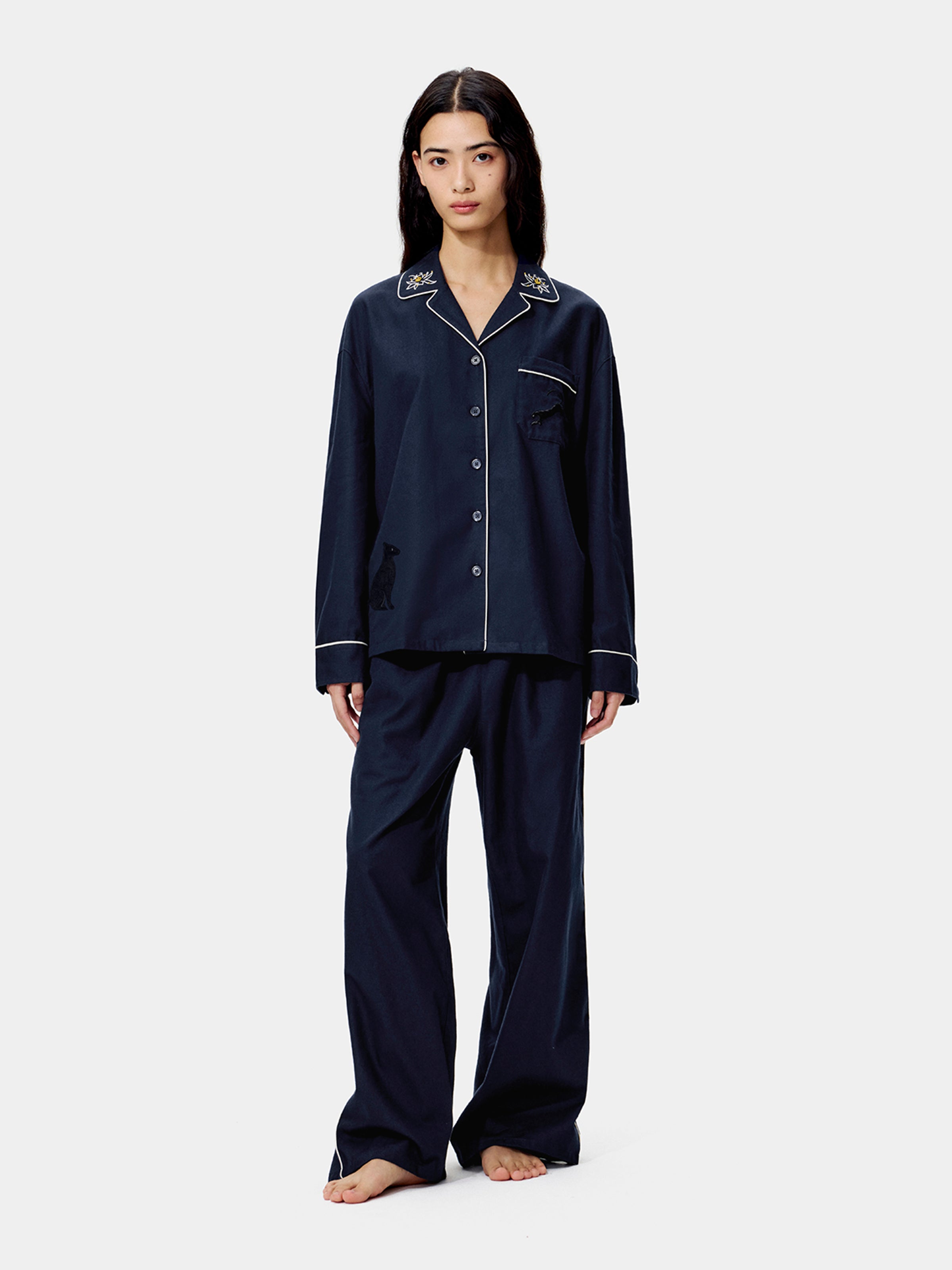 “Urban Jungle” Thickened Cotton Flannel Loungewear Set Night Blue