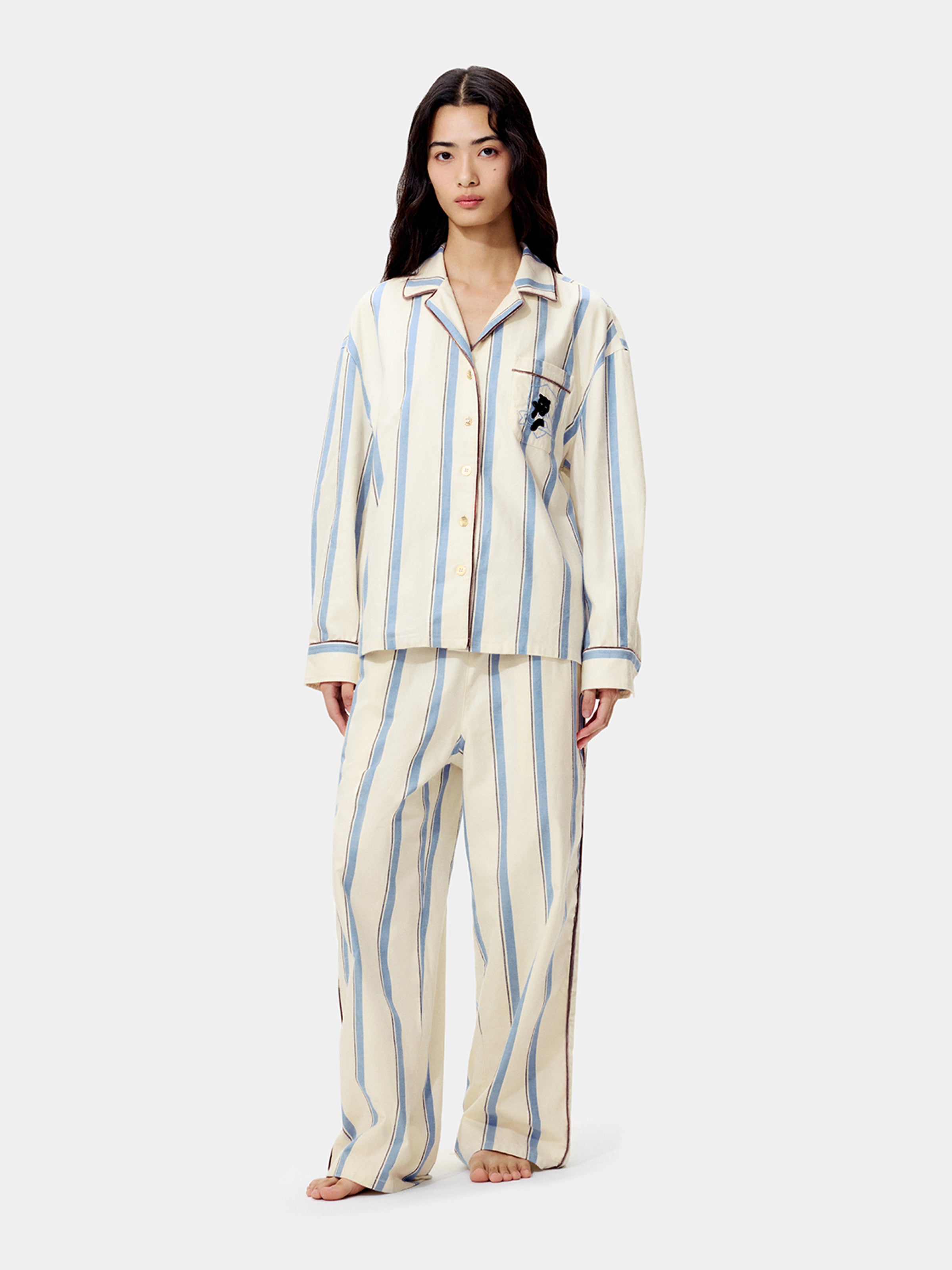 “Urban Jungle” Thickened Cotton Flannel Loungewear Set Blue and White Stripes