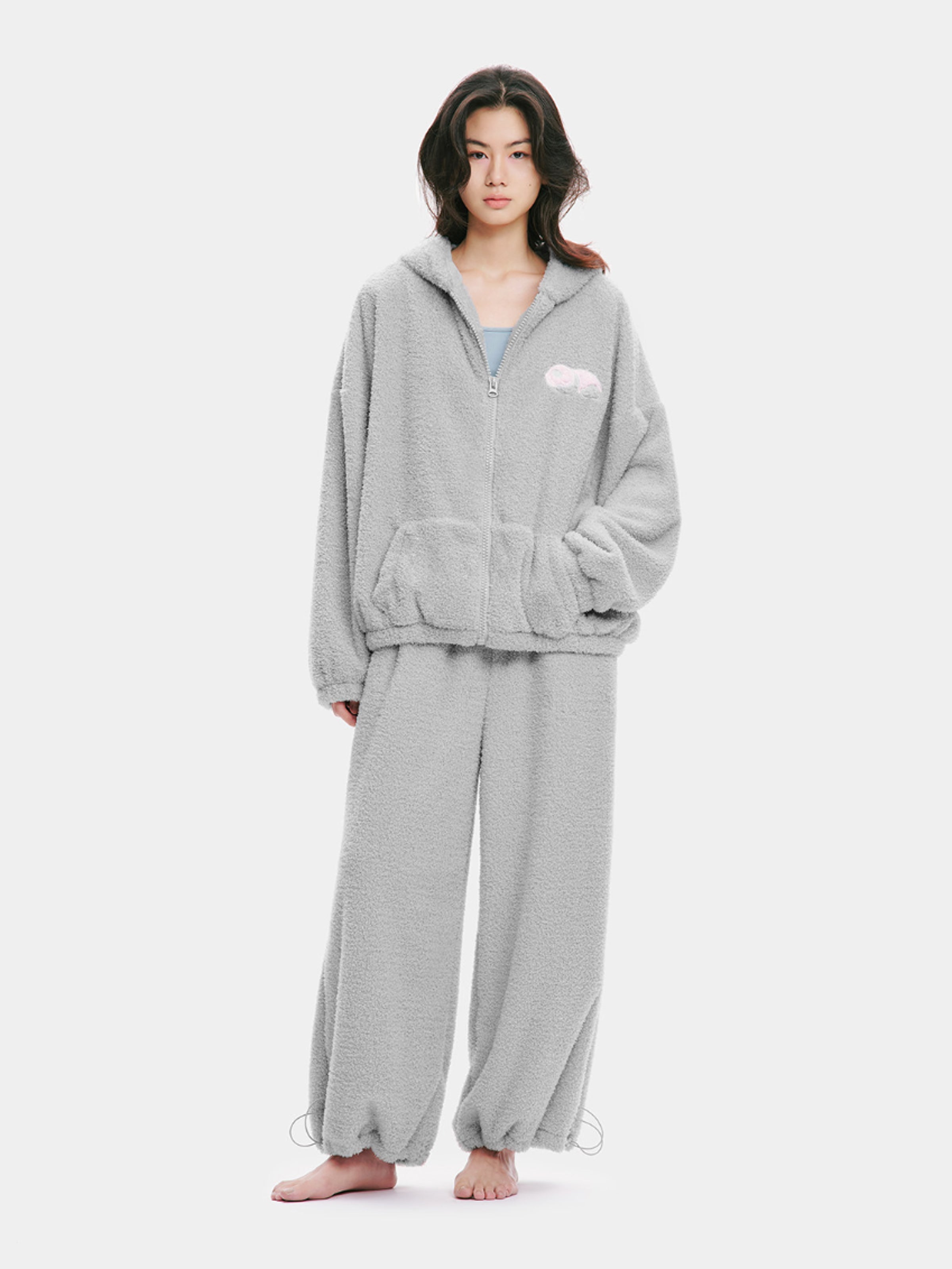 "Panda PomPom" Polar Fleece Oversize Loungewear Set Gray